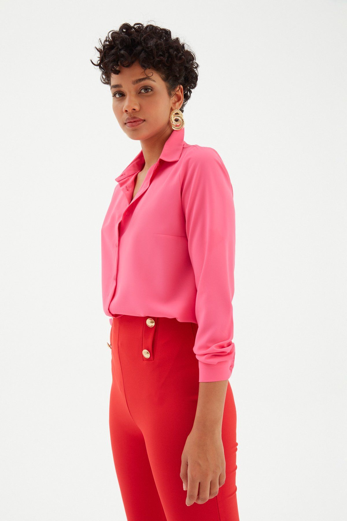 Sateen-قميص فوشيا طويل الظهر 5