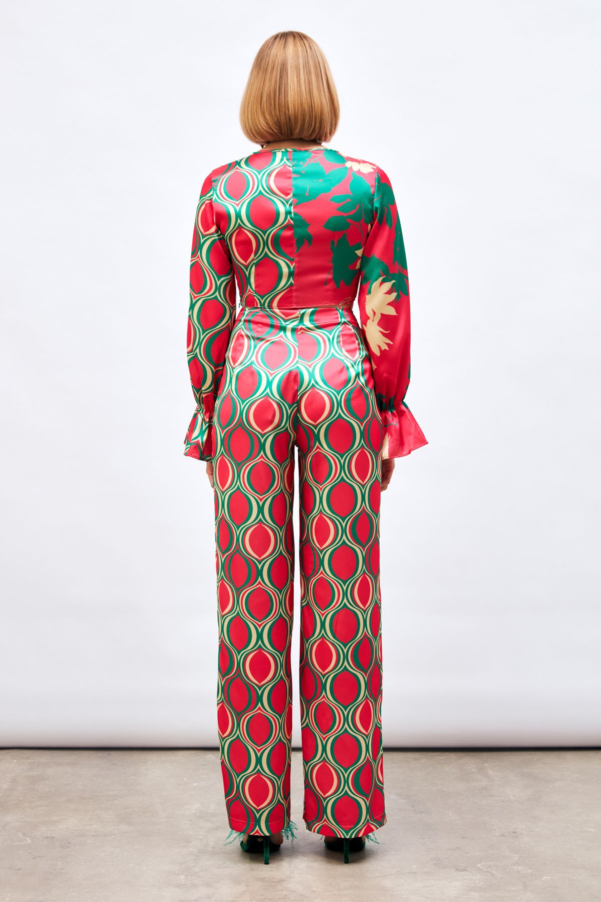 Sateen-Fuchsia Patterned Loose Trousers - Front Drawstring 8