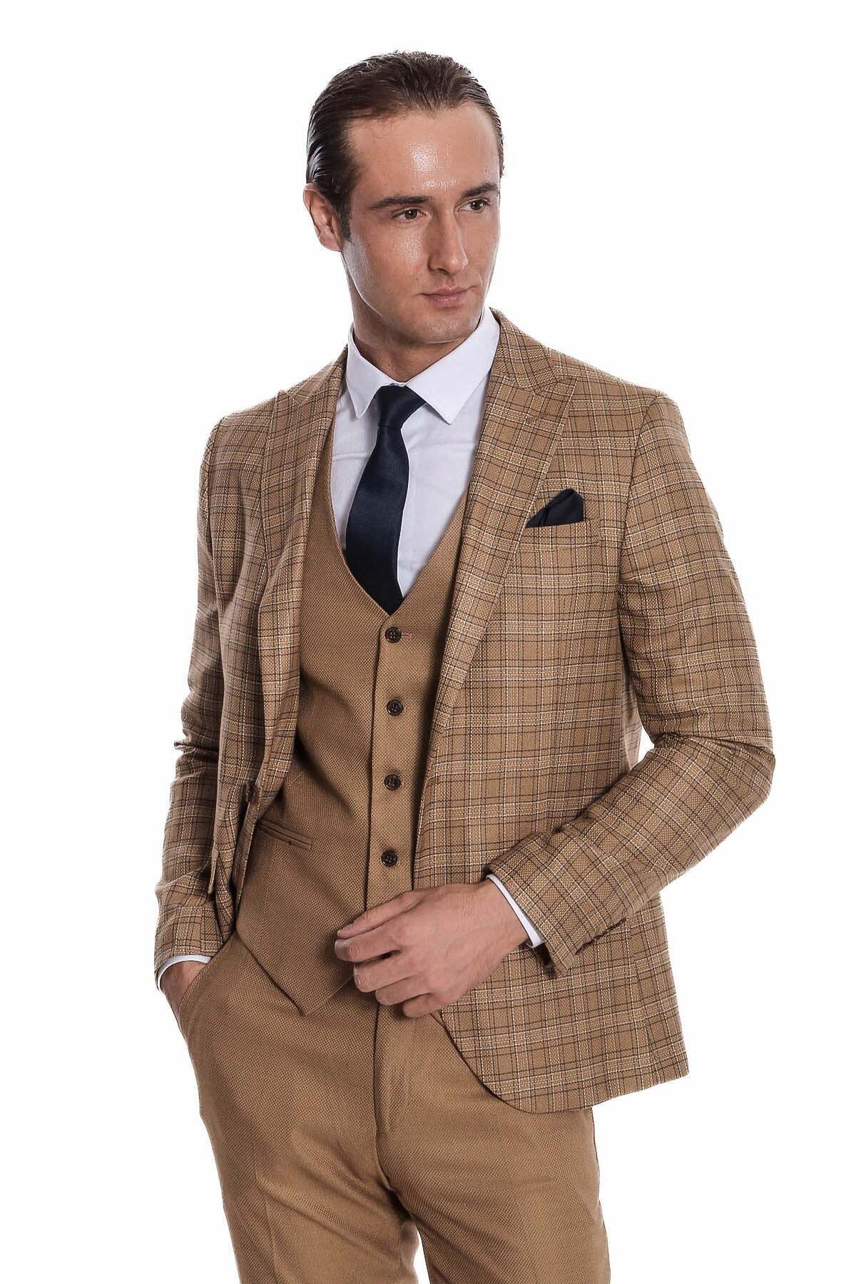 Ekose Ceketli Slim Fit Taba Erkek Takım Elbise - Wessi — قهوه‌ای TY-1436-515146 — تصویر 7 از 7