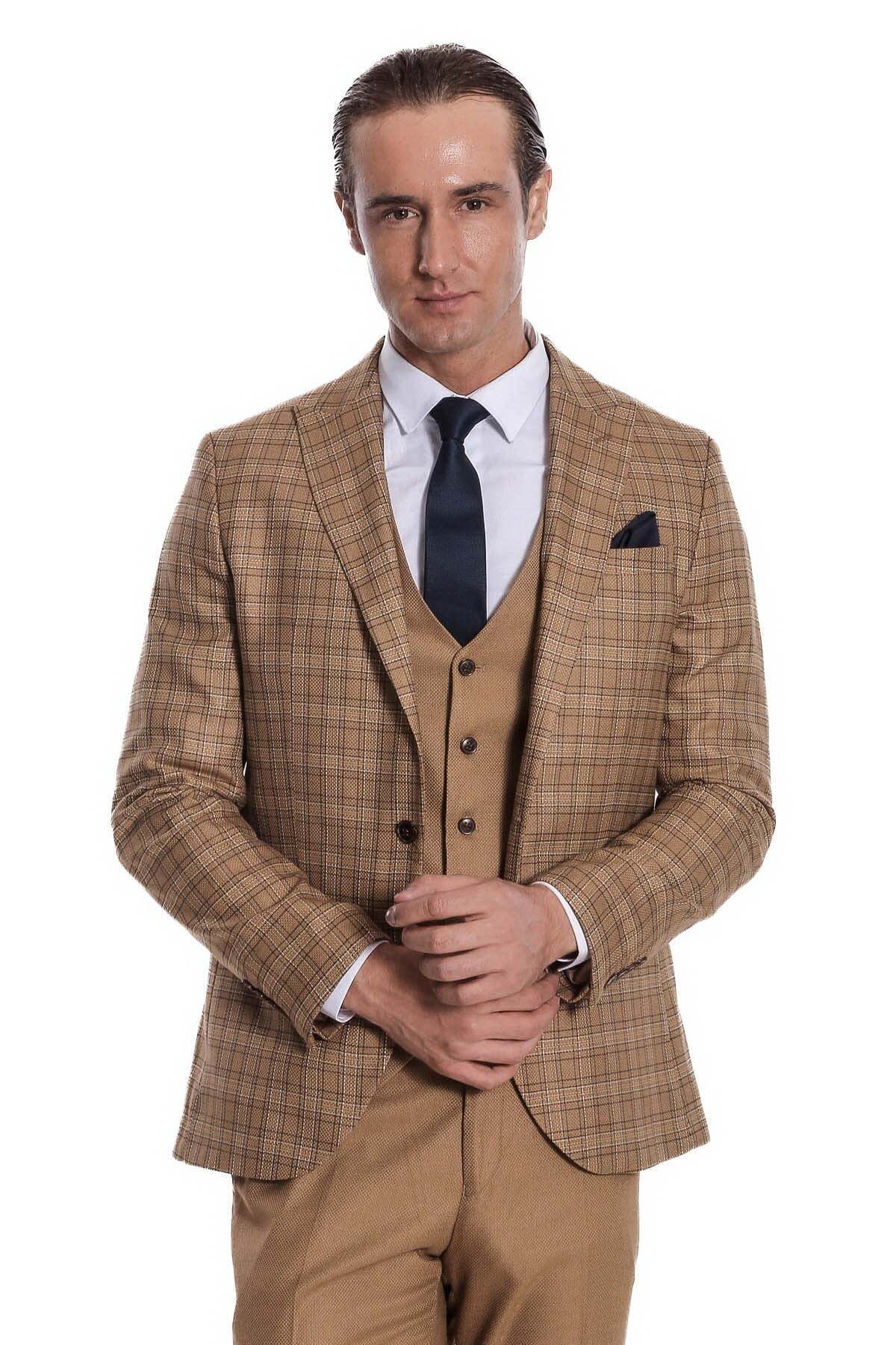 Ekose Ceketli Slim Fit Taba Erkek Takım Elbise - Wessi — قهوه‌ای TY-1436-515146 — تصویر 2 از 7