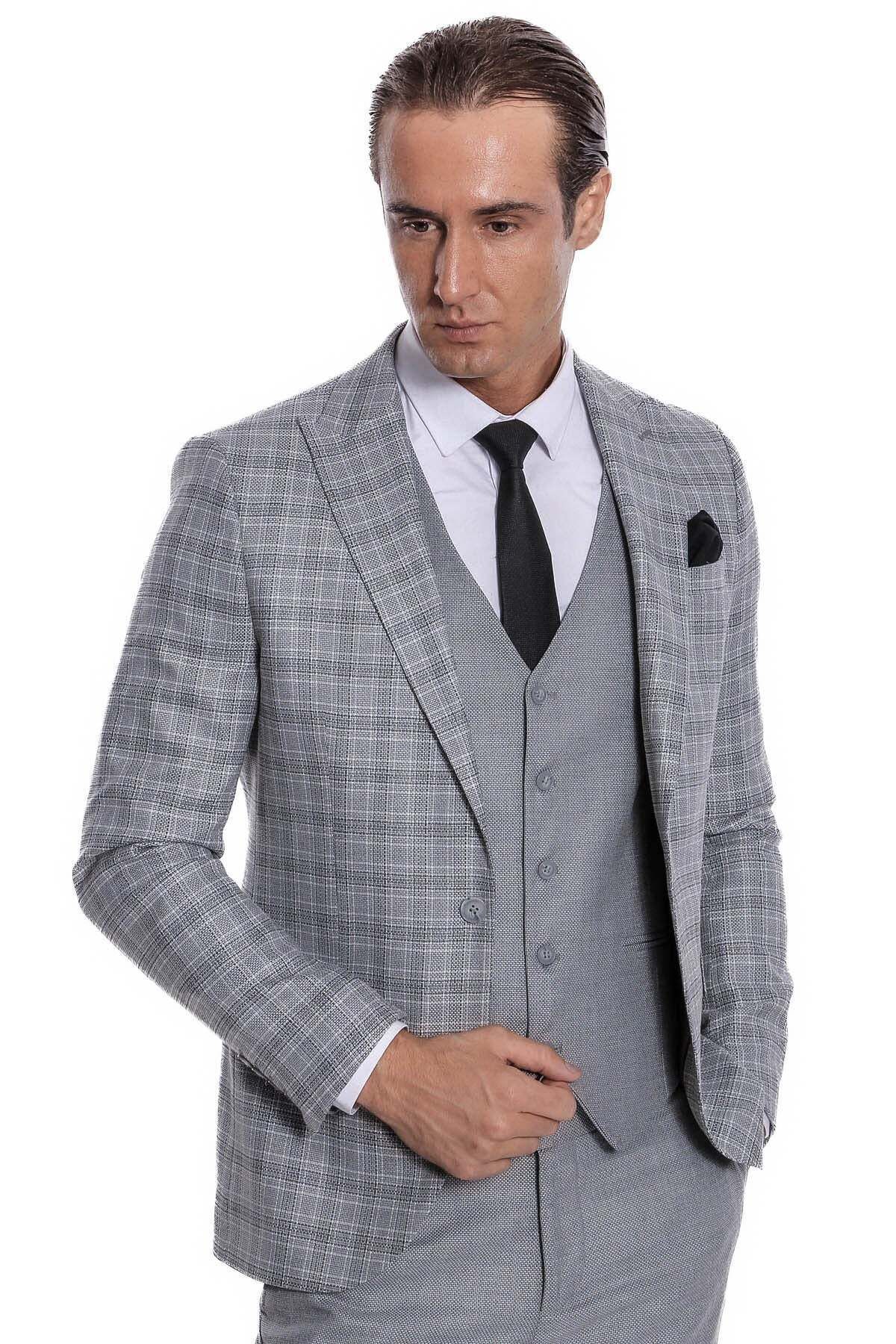 Светло-серый мужской костюм Wessi Slim Fit с клетчатой курткой - Wessi TY-1436-303046