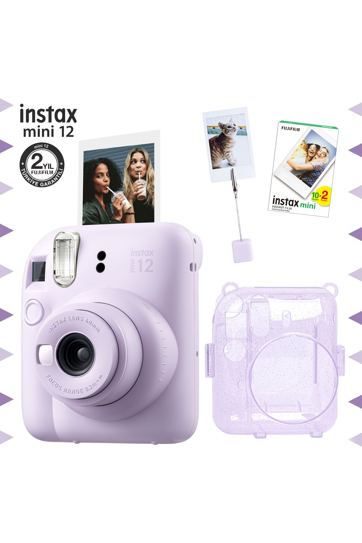 Instax mini 12 Lilac Camera -20-Piece Film-Clamp Picture Stand and Glitter Plexiglass Case Set