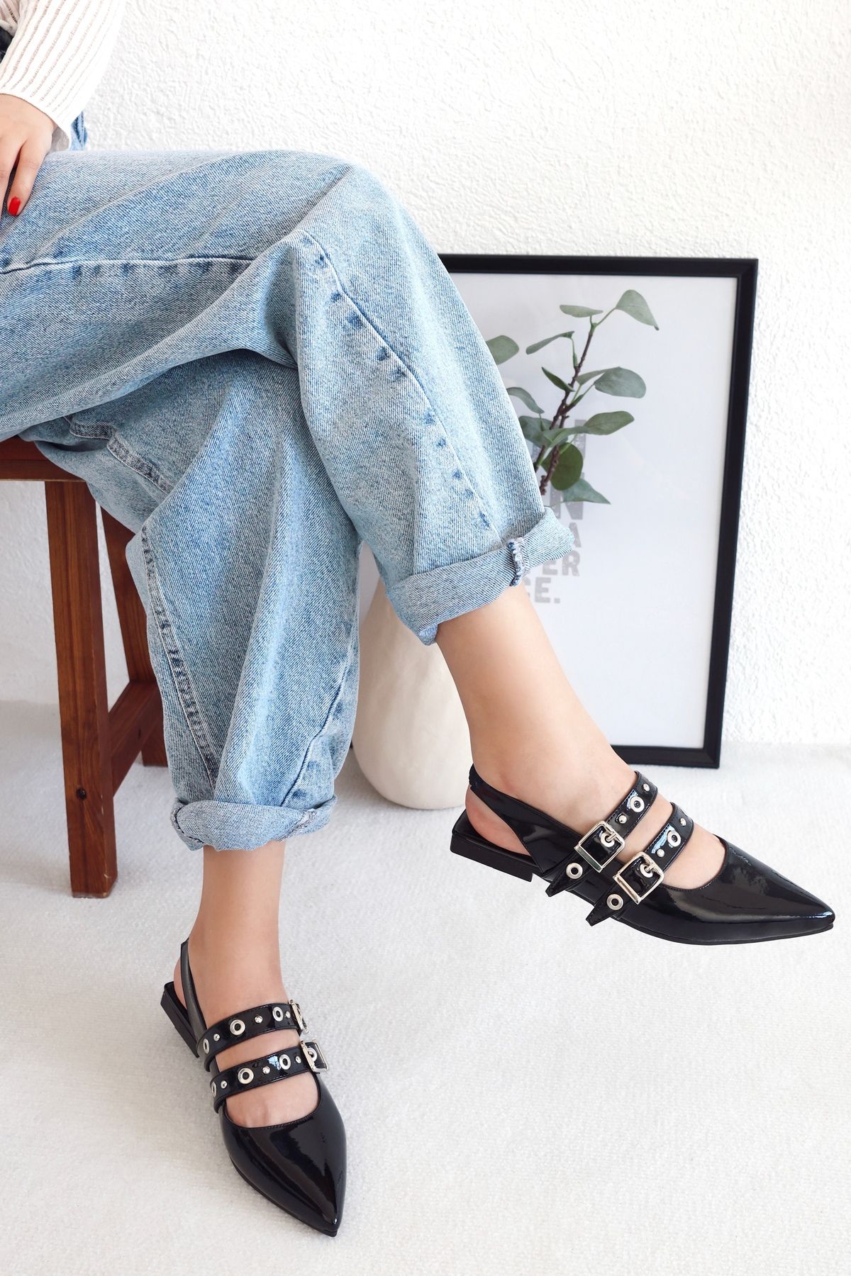 POLKA STORE-Pointed Toe Double Banded Troc Detailed Women's Shoes 4