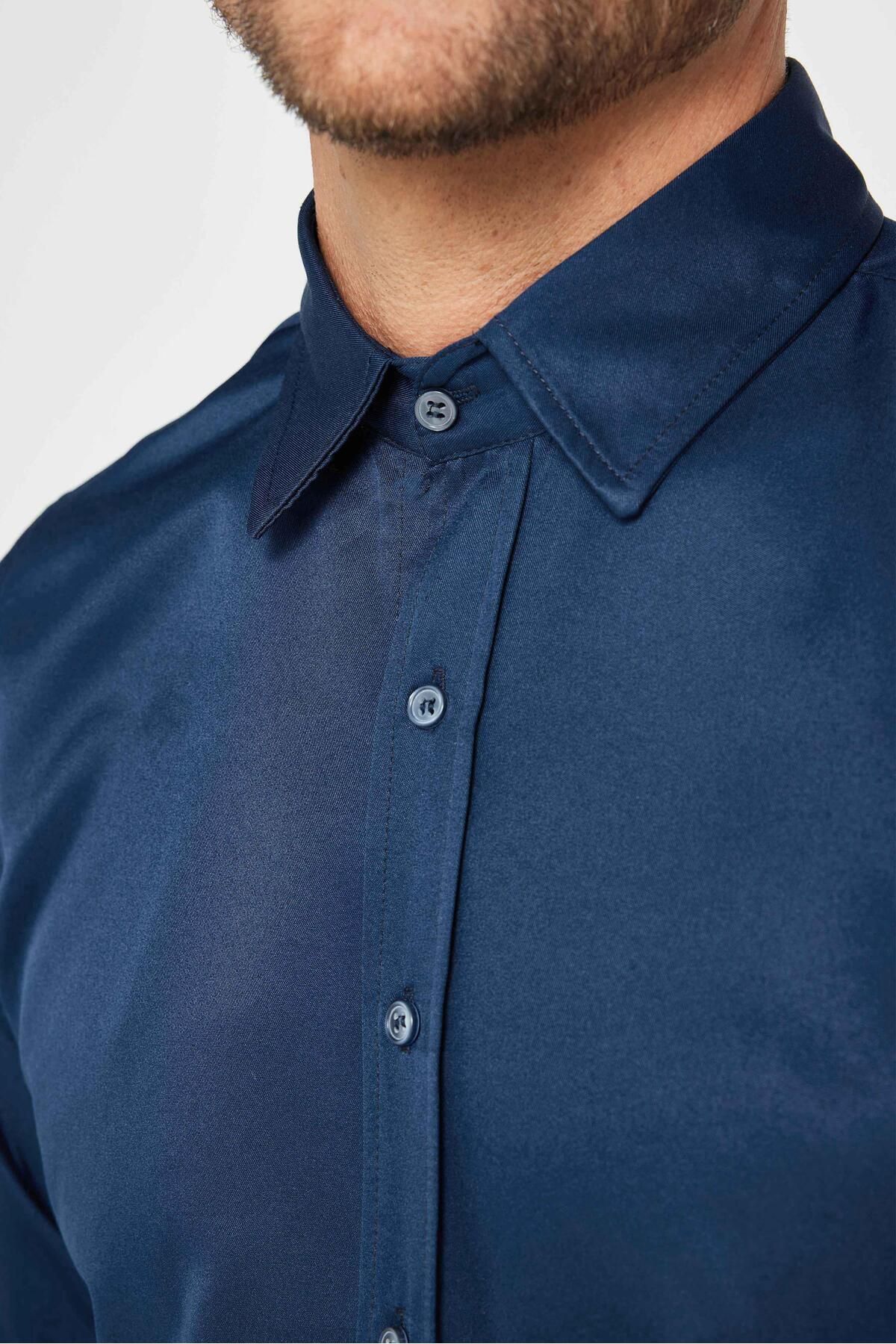 Slim Fit Uzun Kollu Kolay Ütü Teri Emen Nefes Alan Doku Kravatlık Dört Mevsim Lacivert Erkek Gömlek