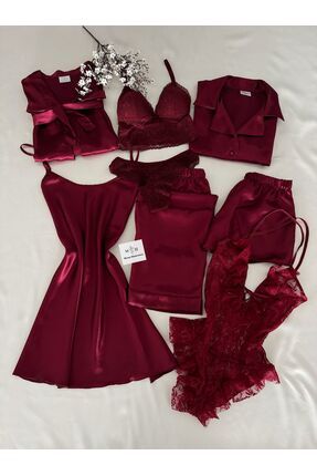MH Moony Homewears Kutulu 8 Parça Dev Bordo Saten Pijama Gecelik Sabahlık Iç ...