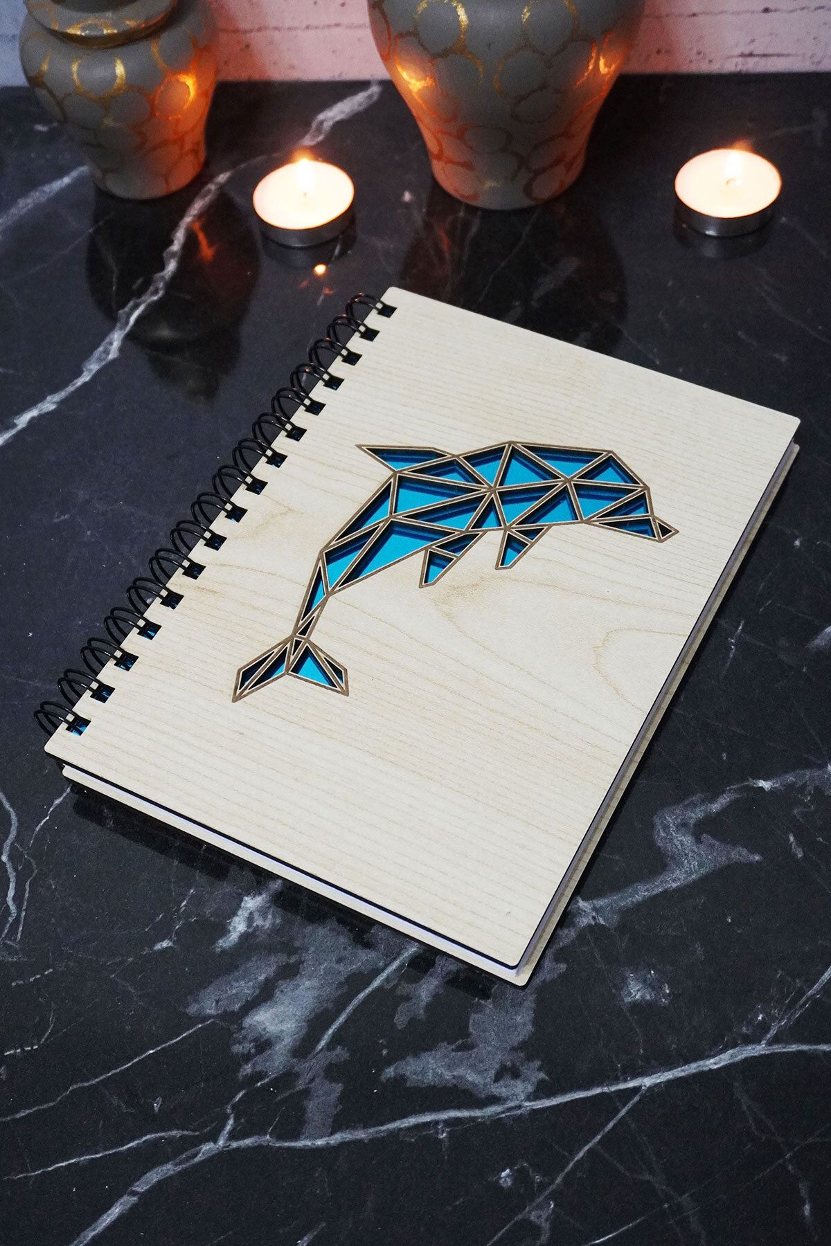 markcat-Dolphin Patterned Figured Wooden Cover Diary Notebook - Unlined A5 Memory Notebook 1