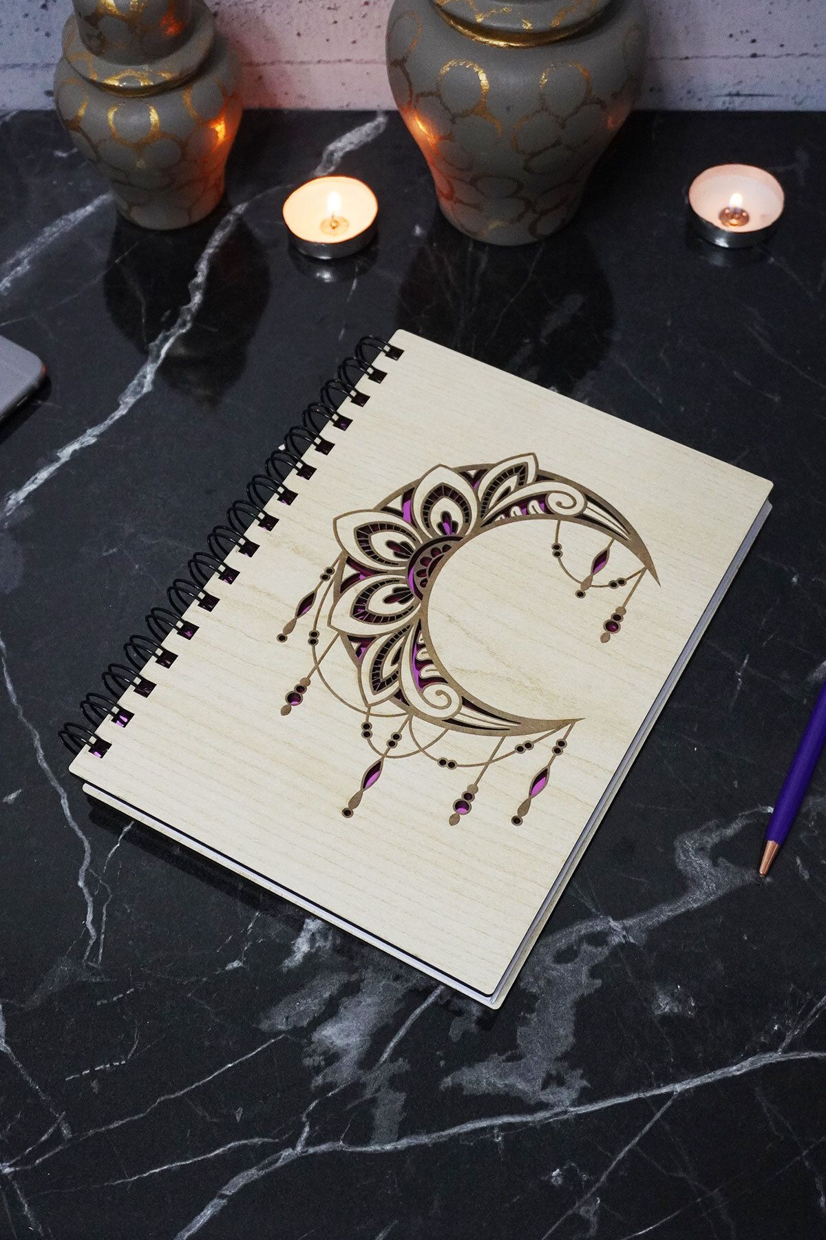 markcat-Mandala Patterned Notebook with Wooden Cover - Unlined Agenda and Daily Use - A5 Memory Book 1