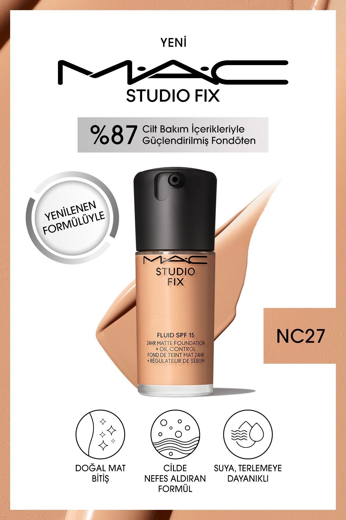 M.A.C-New Studio Fix Fluid SPF 15 Matte Foundation-NC27 30 ML - Natural Matte Finish 1