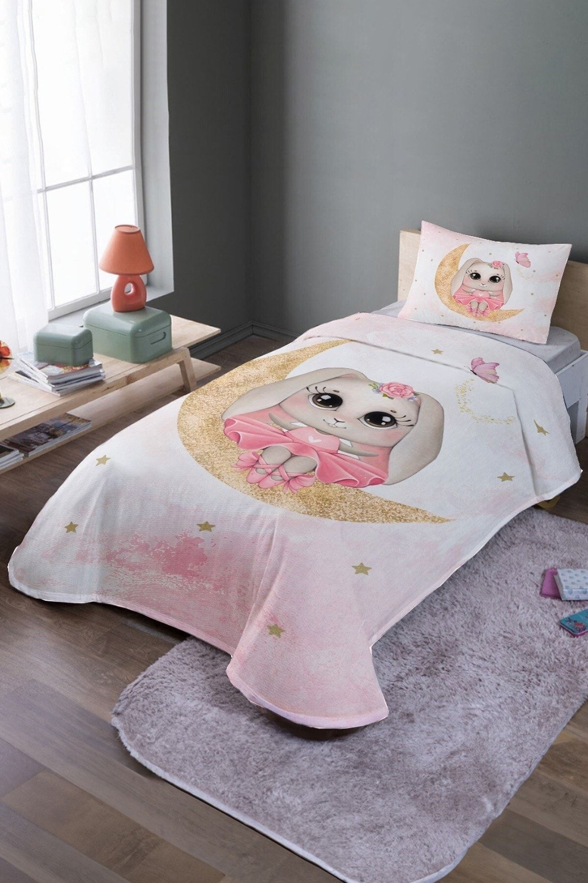 EVPANYA-Rabbit on the Moon Patterned Single Pique Set and Bedspread 1