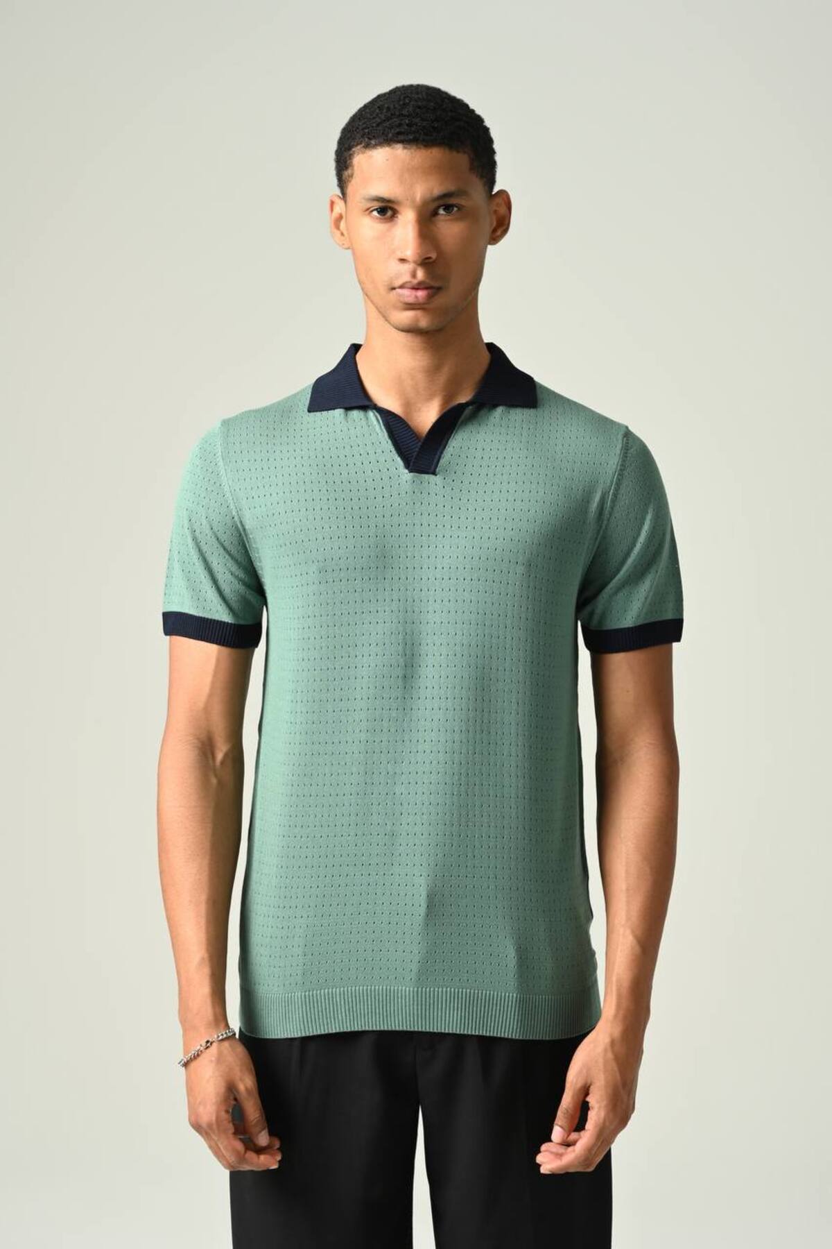 Collar Patterned Perforated Slim Men's Knitwear T-Shirt