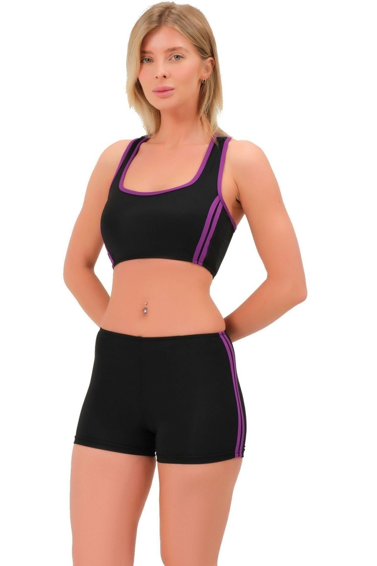 Argisa Şeritli Şortlu Yüzücü Bikini 5509 Siyah Mor
