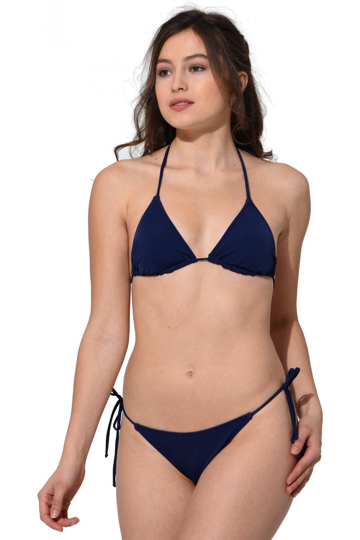 Argisa-Plain String Tied Triangle Bikini 5026 Navy Blue 2