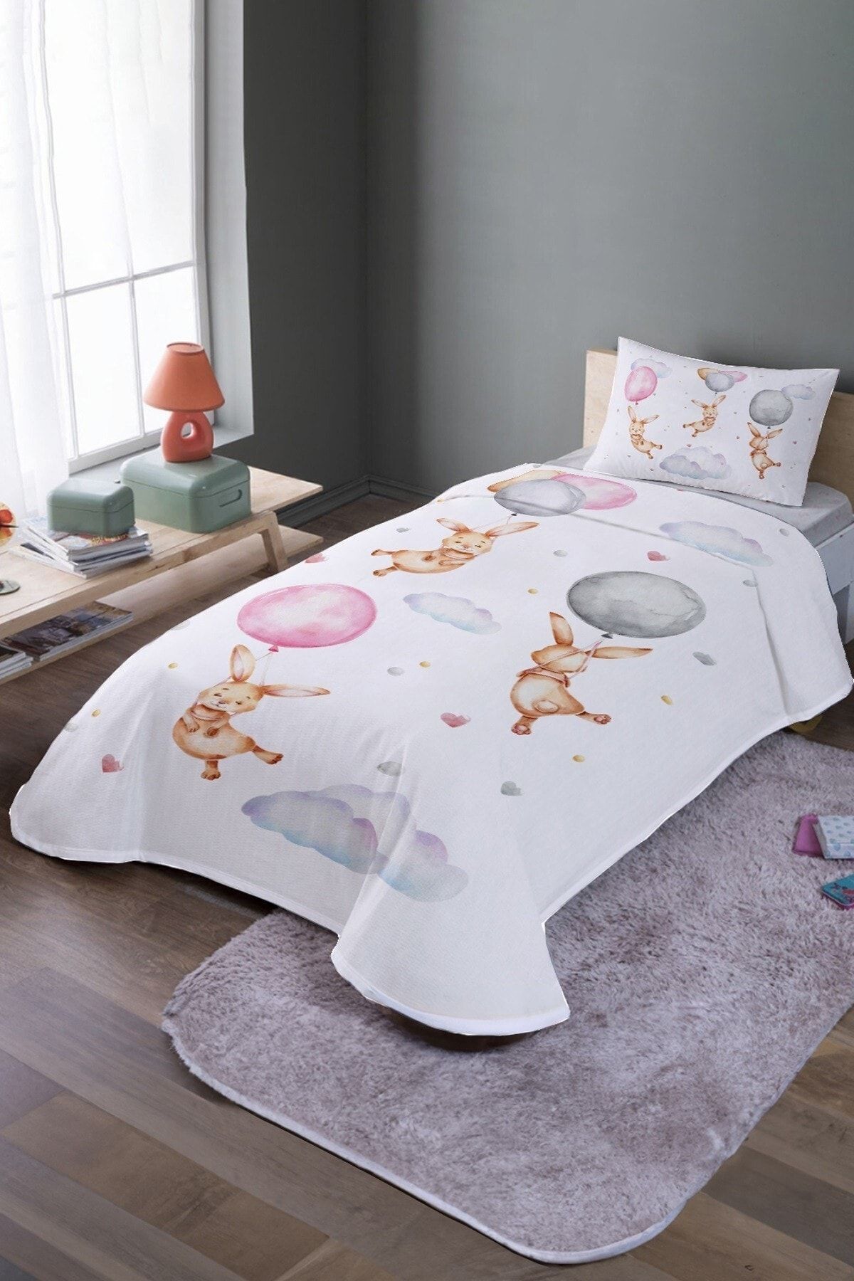 EVPANYA-Balloon Swinging Rabbits Patterned Single Pique Set and Bedspread 2