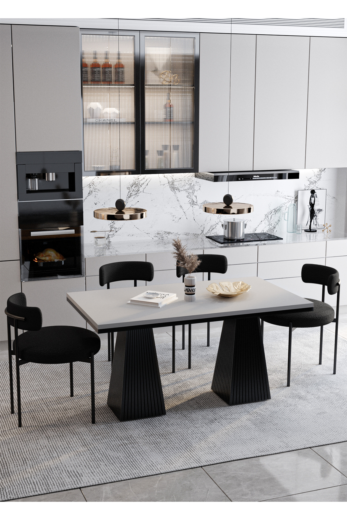 AVVİO Venera Lake Mdf Ayak Teddy Sandalye 80x140 Yemek Masası Mutfak Masası 4 Kişilik Masa Sandalye Takım