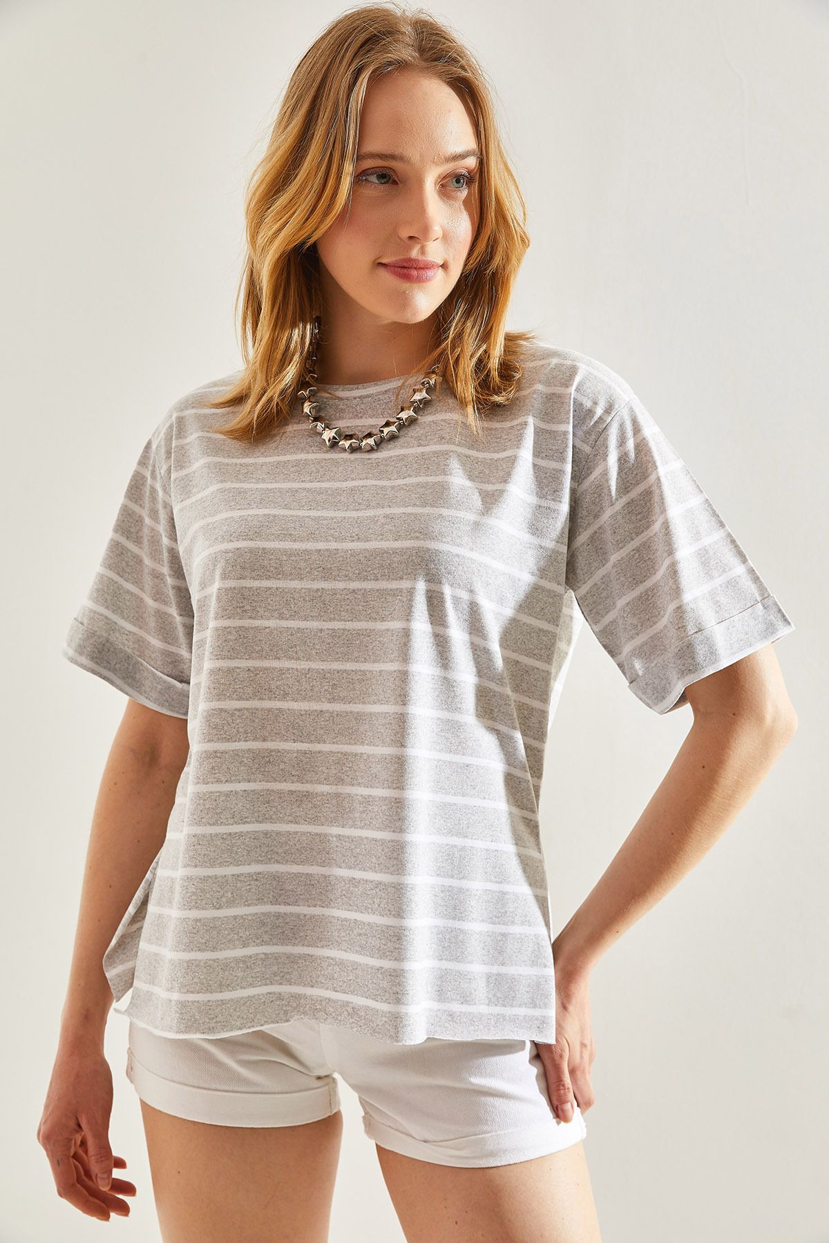 Bianco Lucci-Women's Striped T-Shirt with Crew Neck and Side Slits -60241003 3