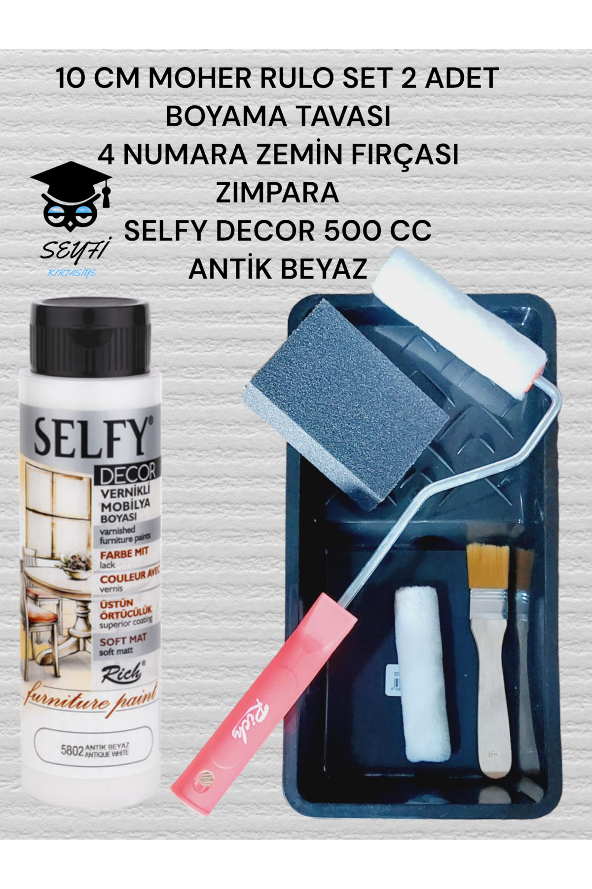 SEYFİKİRTASİYE Antik Beyaz Selfy Decor 500 Cc (750 GR) Vernikli Akrilik Dolap Boyama Seti Rulo Tava Zımpara