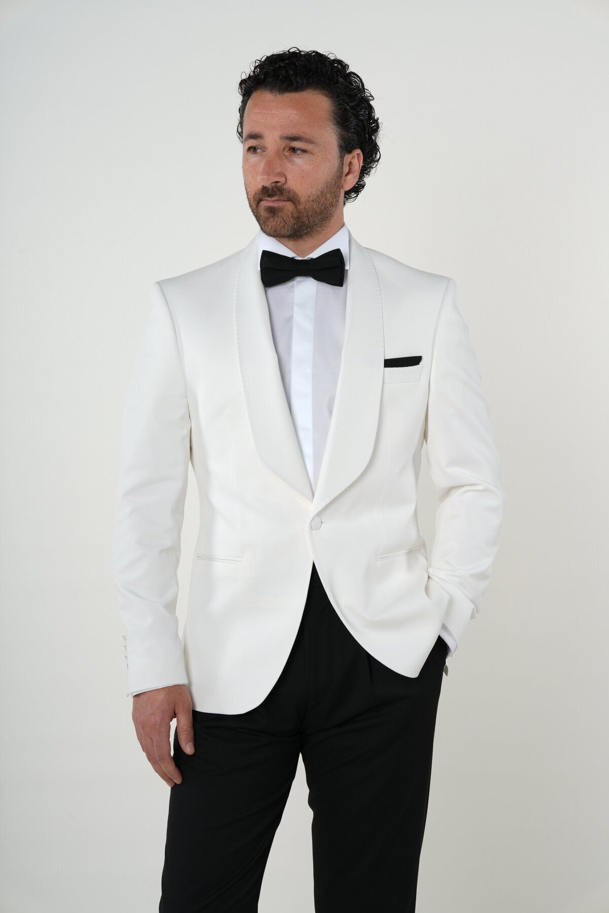 PAREZ-Men's Slim Fit Italian Style Double Breasted Tuxedos - Shawl Collar Groom Suit Jacket and Pants Bow Tie 3