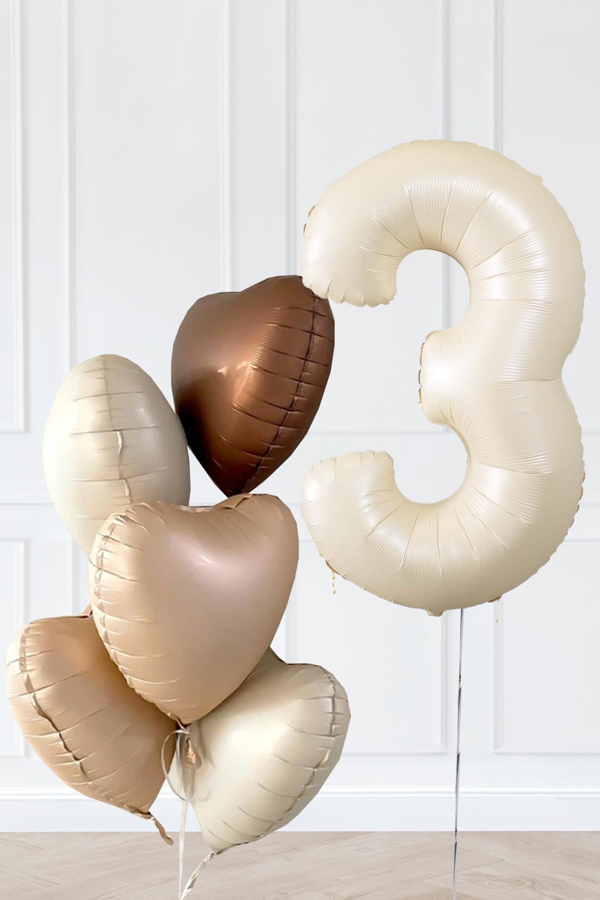 PEKSHOP Retro Krem Yaş Balonlu Karamel Kahve Kalpli Retro Doğum Günü Yaş Balon Seti