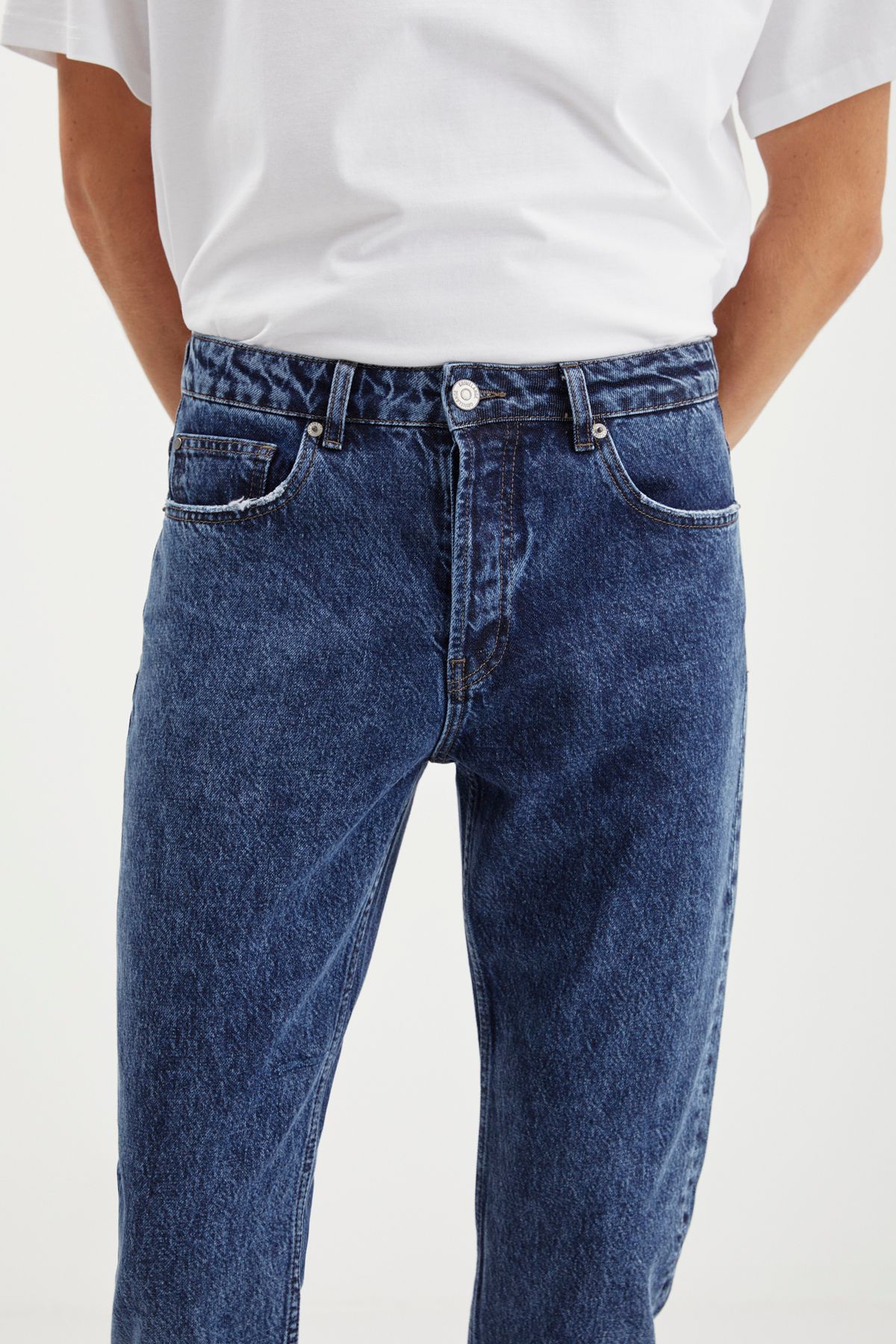 GRIMELANGE-Gilberto Męskie Jeansy Carrot Fit Carrot Leg Zniszczone Sprane Grube Teksturowane Niebieskie Dżinsy Denim 6