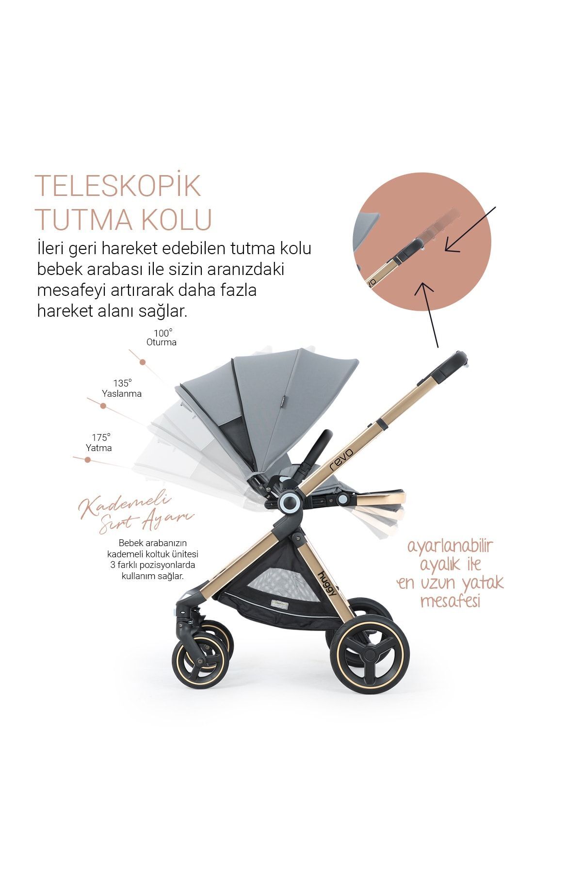 Huggy Revo 5 in 1 Çift Yönlü Travel Sistem Bebek Arabası Bej fotoğrafı 5 (önizleme)