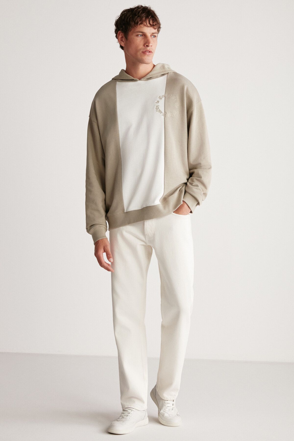 GRIMELANGE-Timothy Men's Contrast Piece Embroidered Hooded Light Khaki Sweatshirt 4