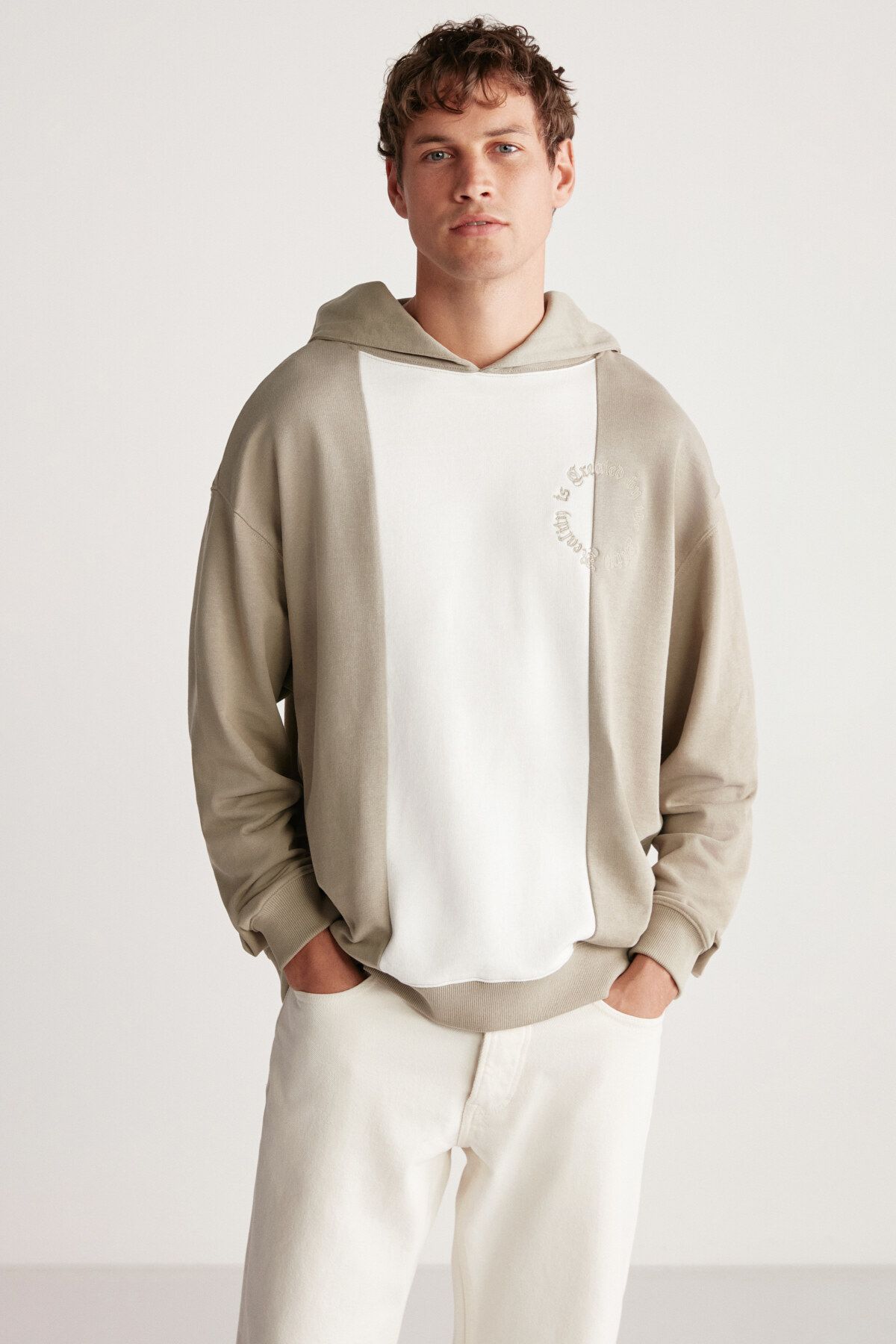 GRIMELANGE-Timothy Men's Contrast Piece Embroidered Hooded Light Khaki Sweatshirt 2