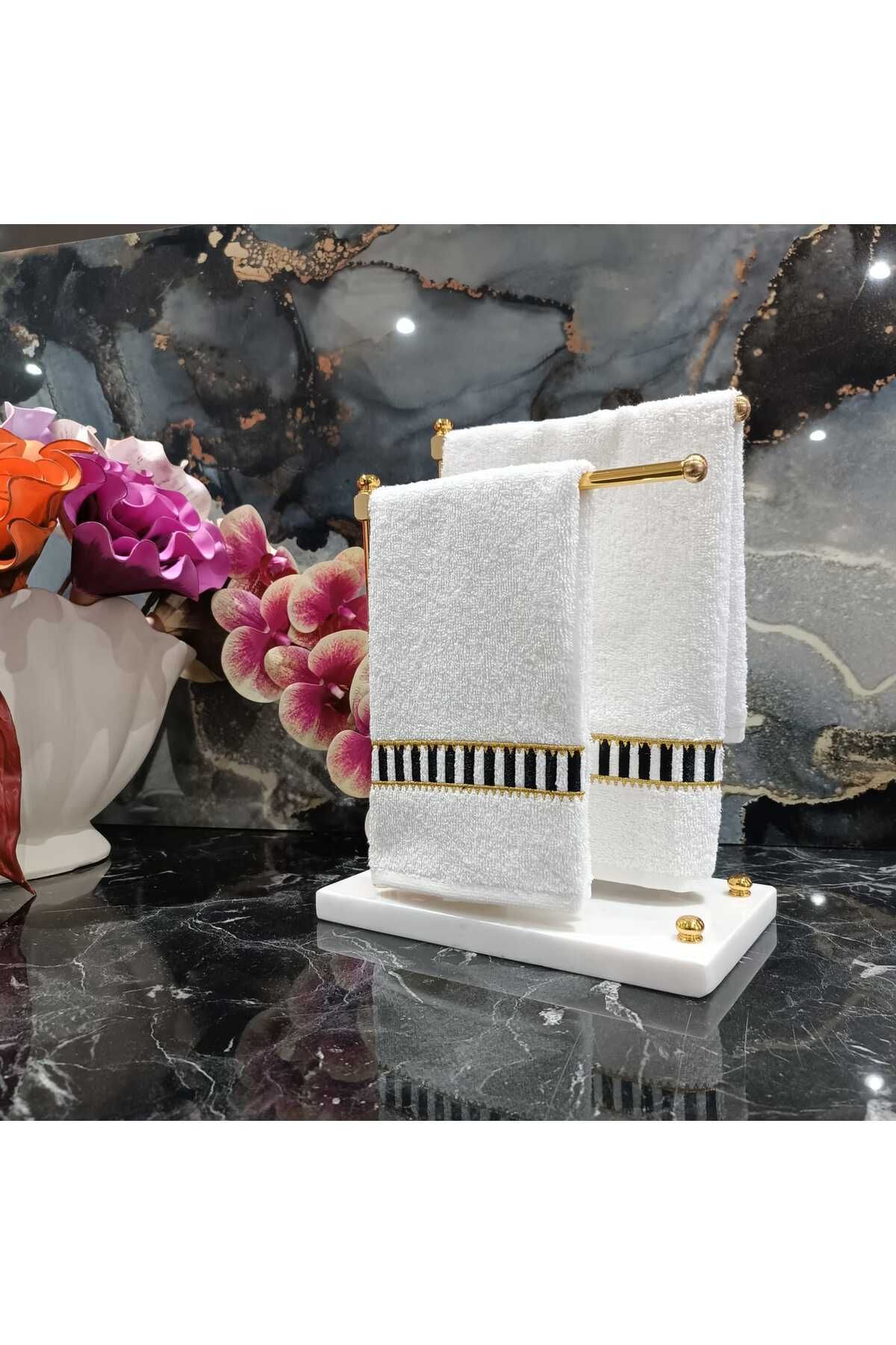 Pip Studio Desenli Siyah Beyaz Ve Gold Detaylı Nakışlı Dekoratif Mutfak Ve Banyo Havlusu 2 Adet