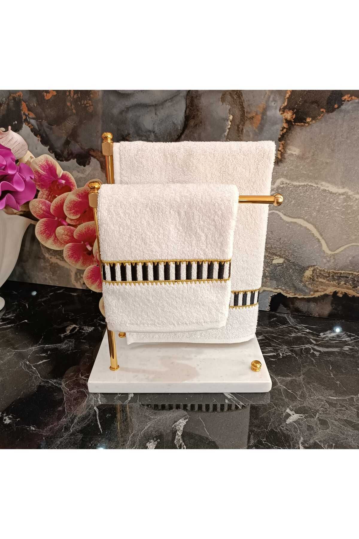 Pip Studio Desenli Siyah Beyaz Ve Gold Detaylı Nakışlı Dekoratif Mutfak Ve Banyo Havlusu 2 Adet