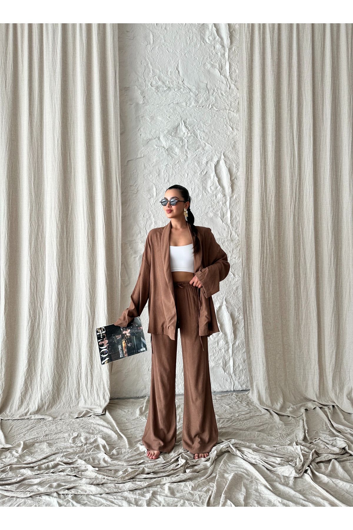Laluvia-Braunes Set mit Kimono und Hose mit Schalkragen 5