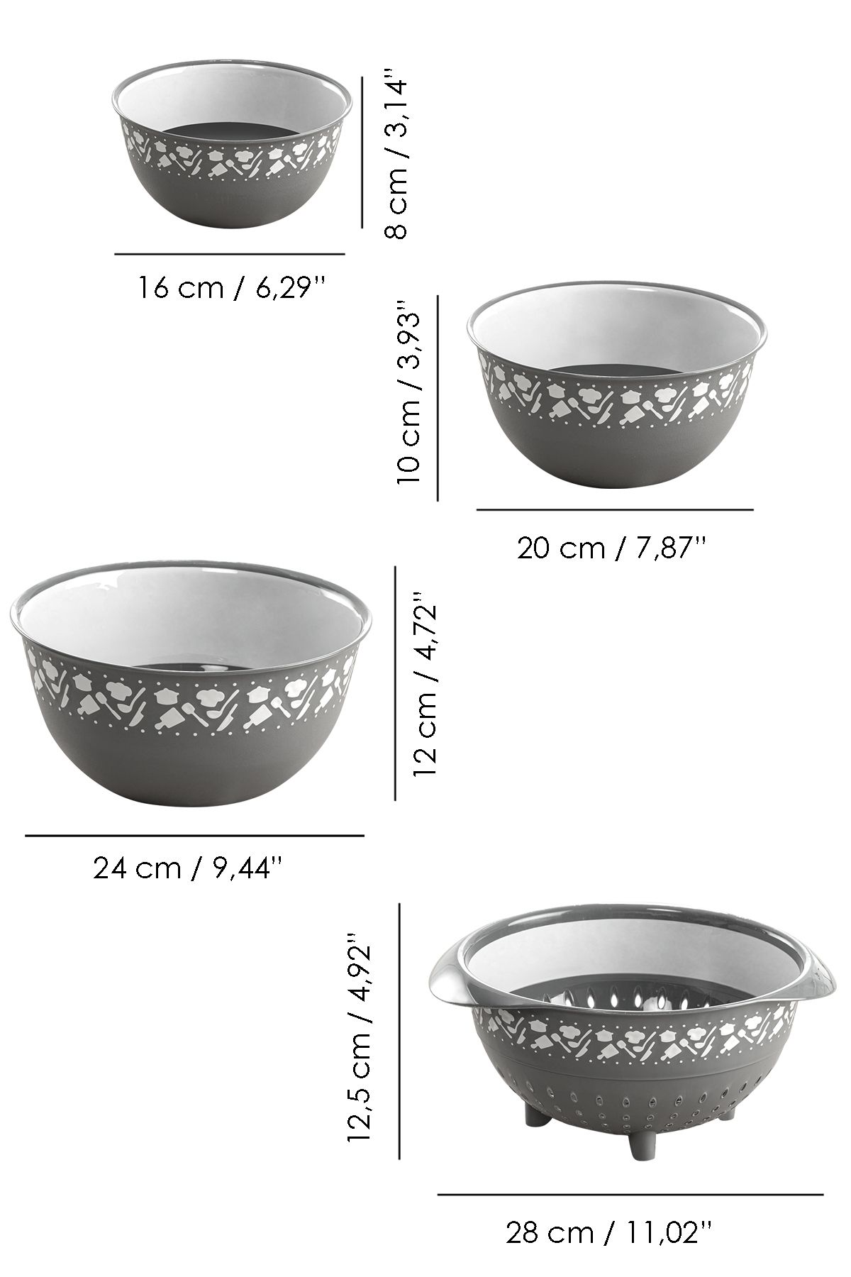 Meleni Home-Anthracite 4-Piece Round Bowl and Strainer Set - Basin Set with Whisk and Strainer 8