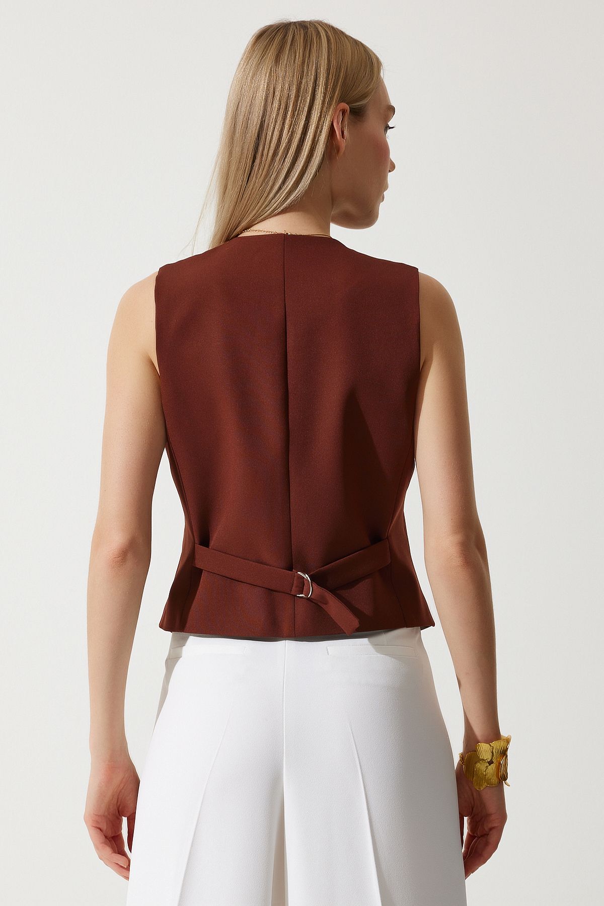 Happiness İstanbul-Brown Short Woven Women's Vest - TO00048 5