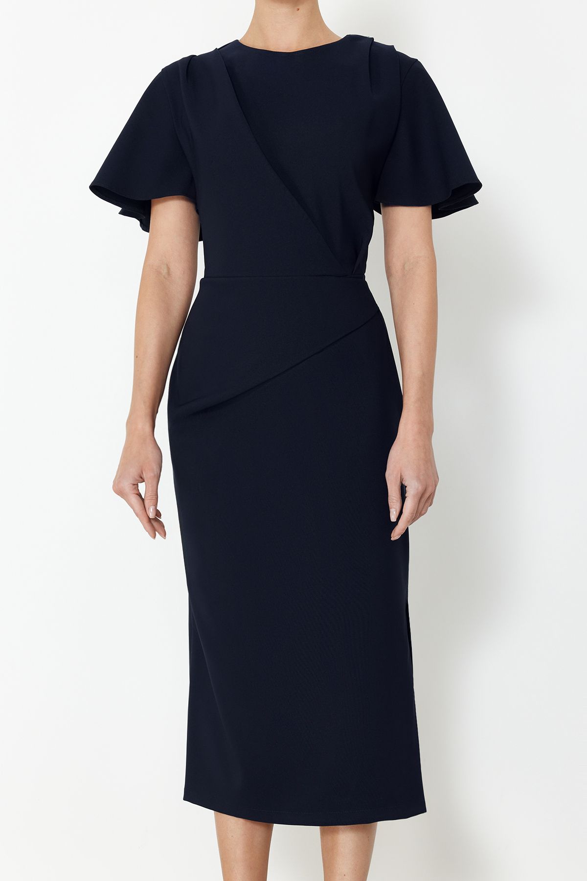 Trendyol Collection-Marineblaues, gerade geschnittenes, gerafftes Midikleid aus Webstoff TWOSS24EL00713 4