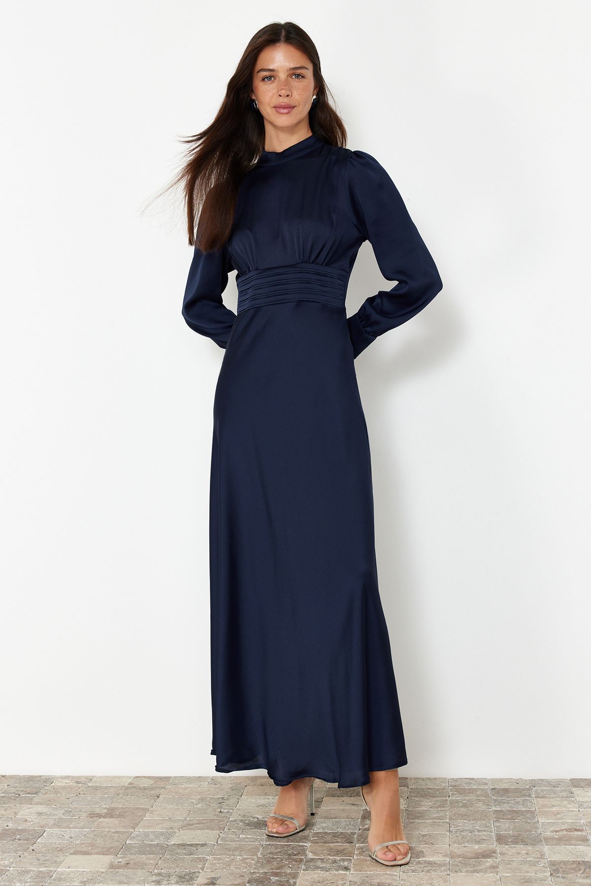 Trendyol Modest Granatowa Satynowa Tkana Suknia Wieczorowa/nocna Kobieta - 40