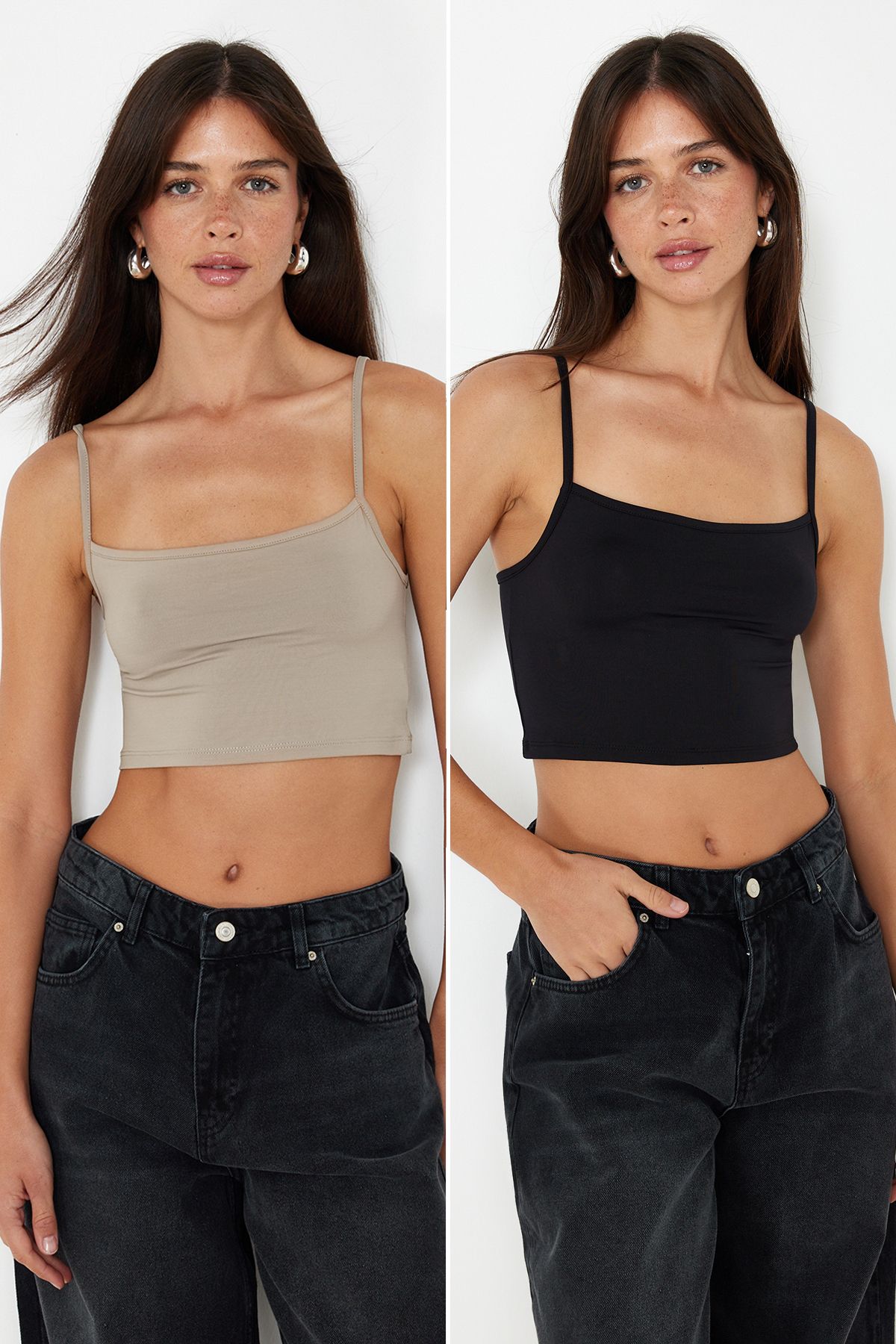 Trendyol Collection-BlackMink 2 пари з поліамідним вмістом на бретелях, облягаючий топ на бретелях з еластичним ормом TWOSS24AL00053 1
