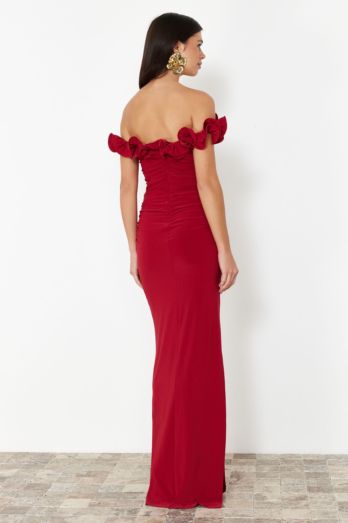 Trendyol Collection-Rochie de seara lunga tricotata rosie - TPRSS24AE00082 6