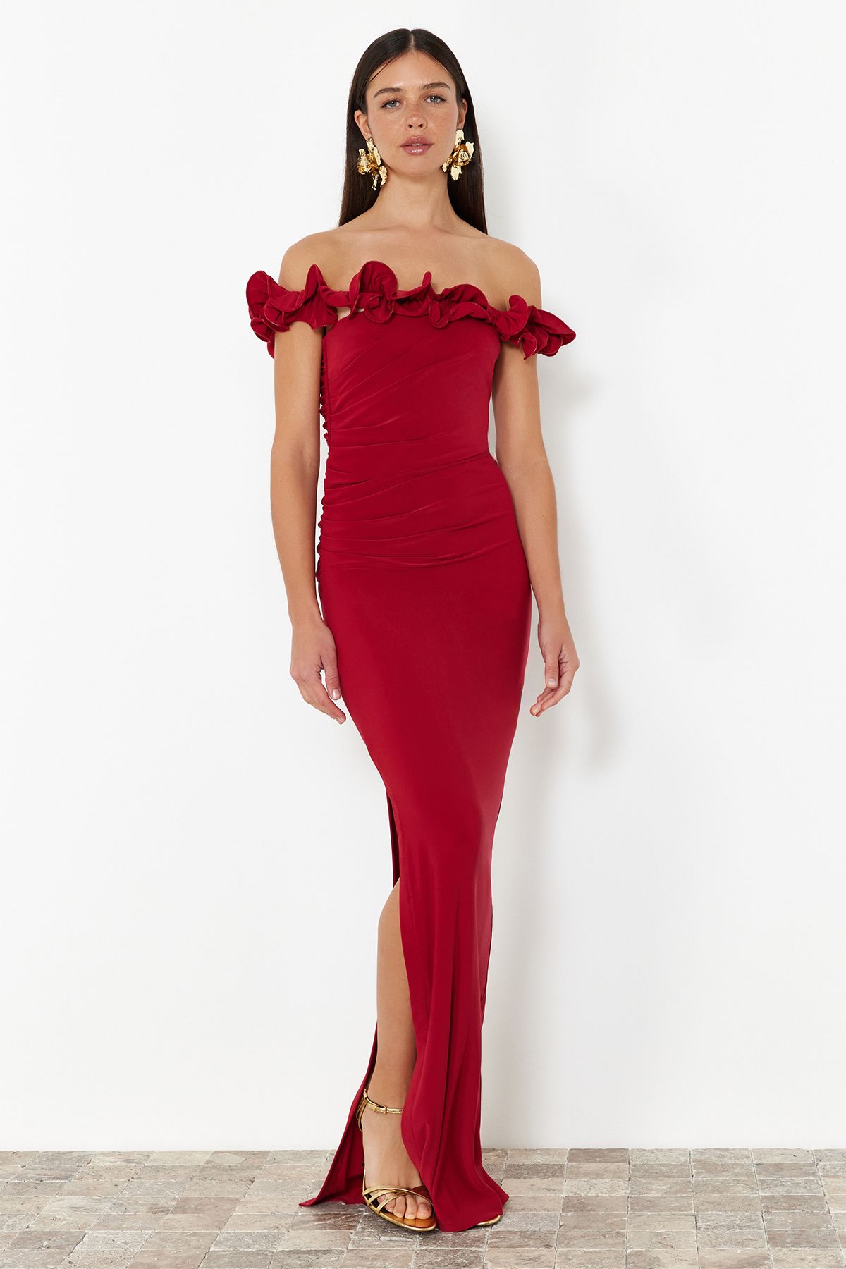 Trendyol Collection-Rochie de seara lunga tricotata rosie - TPRSS24AE00082 3
