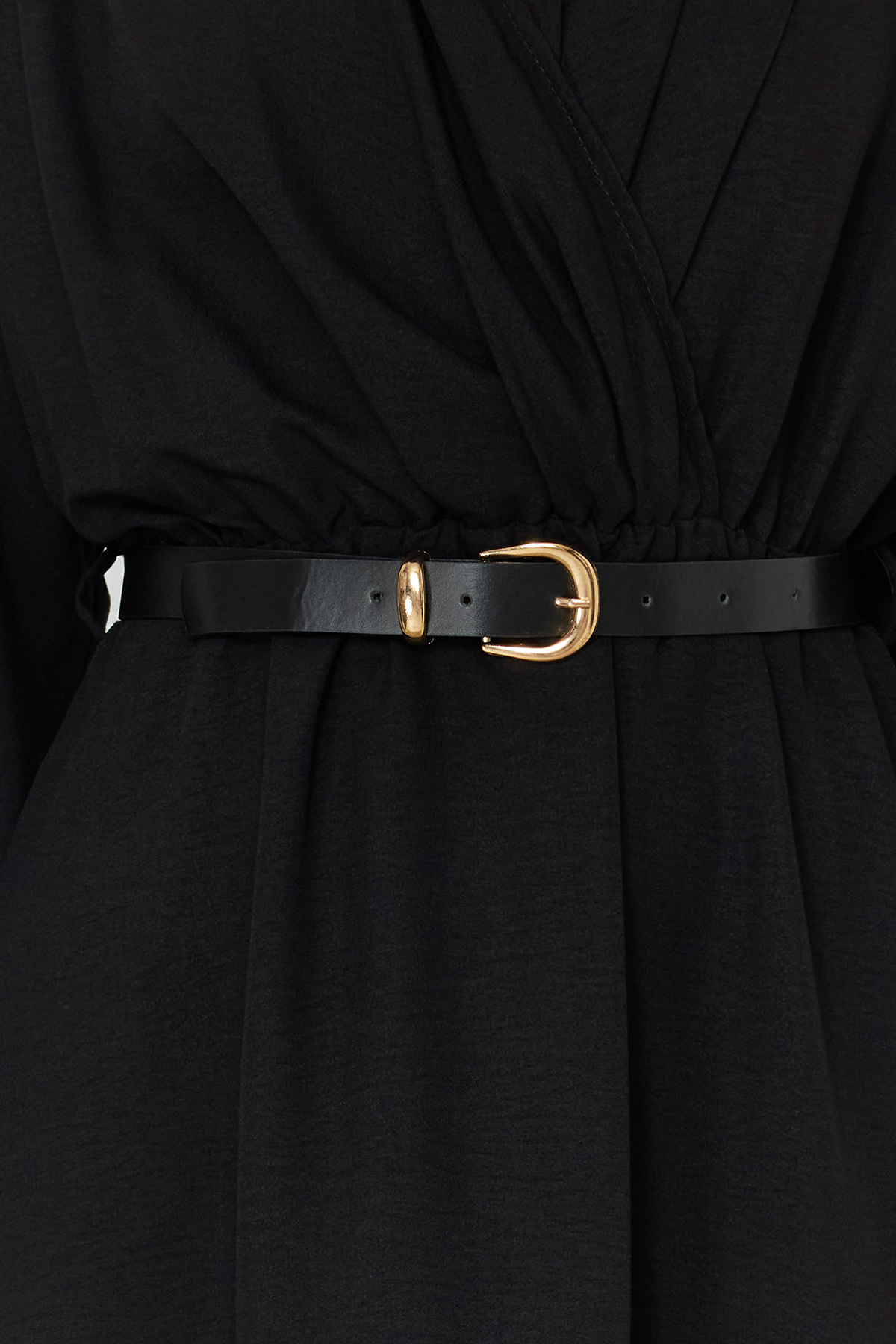 Trendyolmilla  Siyah Kemerli A-line Kruvaze Yakalı Aerobin Midi Dokuma Elbise TWOSS24EL00992 - Görsel 4