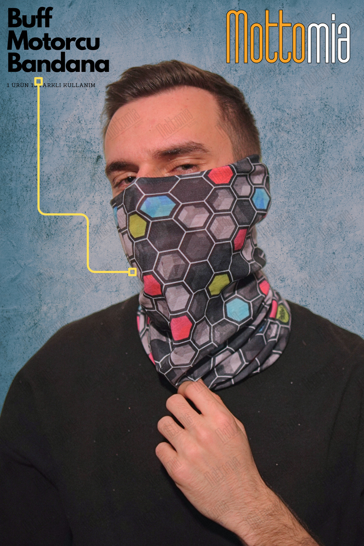 mottomia Altıgen Desenli Unisex Viskon Kumaş Premium Kalite Buff (Baf) Boyunluk Motorcu Bandana