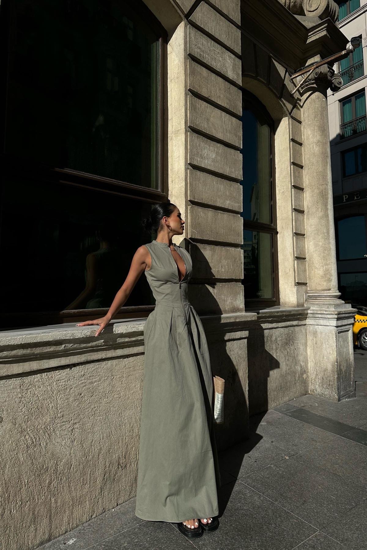 fmnbutik  pinterest kadın fermuarlı bele oturan geniş çanak etekli keten kumaş sıfır kollu muadil elbise - Görsel 2