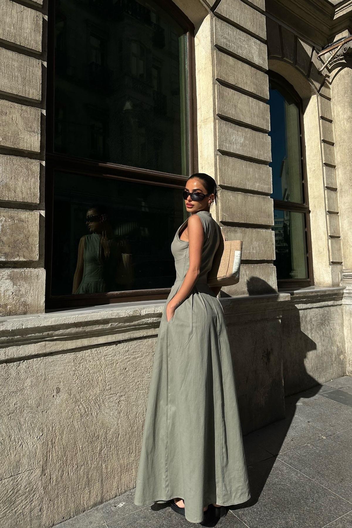 fmnbutik  pinterest kadın fermuarlı bele oturan geniş çanak etekli keten kumaş sıfır kollu muadil elbise - Görsel 3