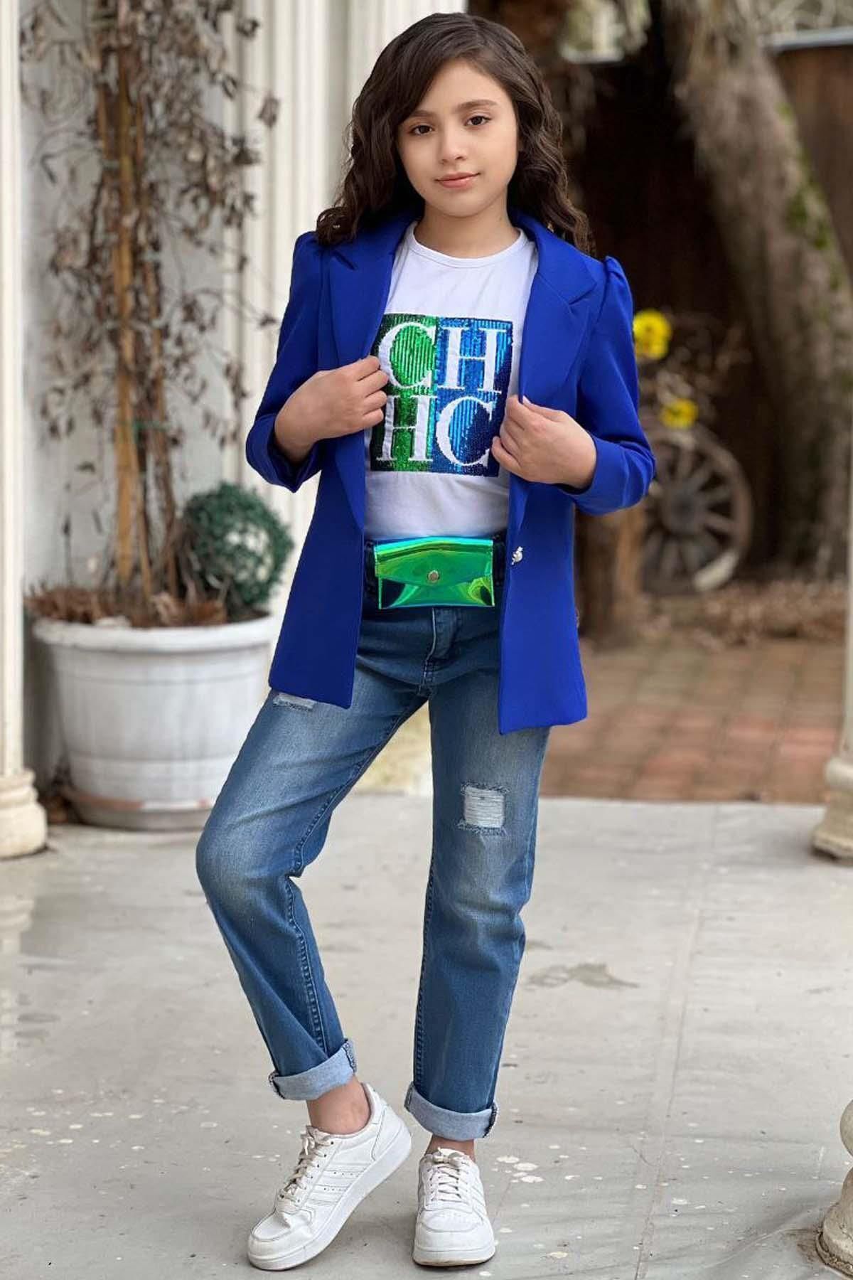 Girls Letter Sequin T-Shirt and Jean Saxe Blue Blazer Jacket Bottom Top Set