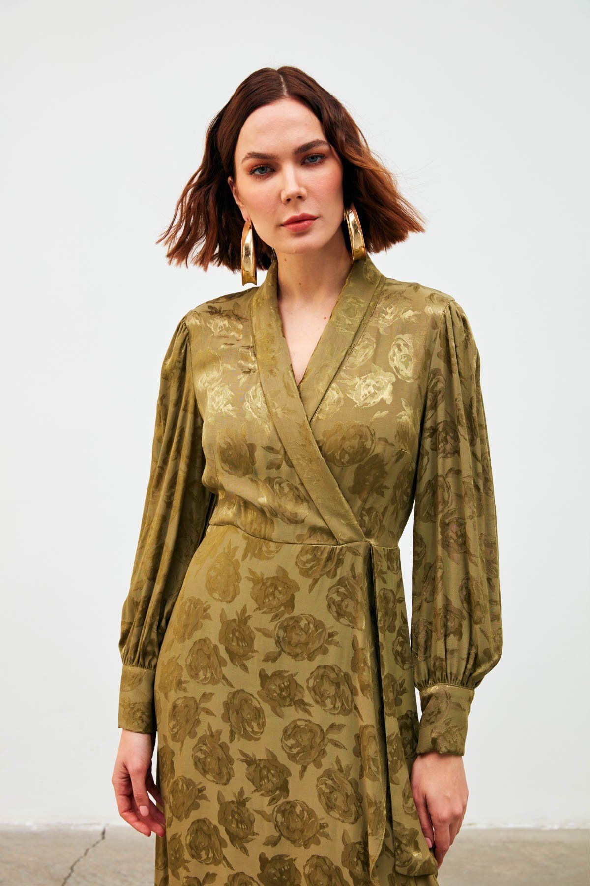 Sateen-Дълга рокля с двойни шевове и шарки - Каки 6