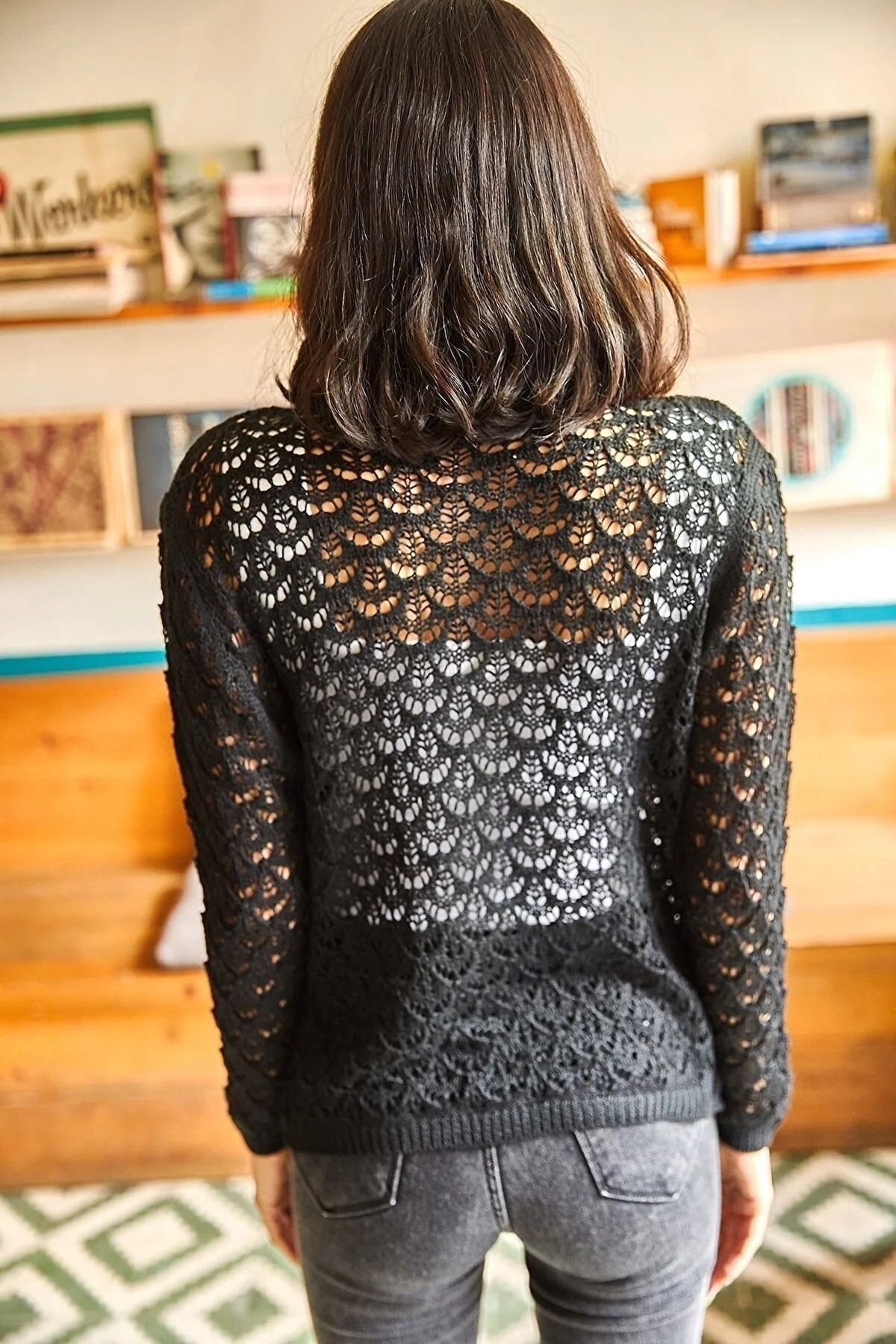 laughs  Kadın Siyah Ajurlu Triko Mevsimlik Hırka Hrk1453 - Görsel 2