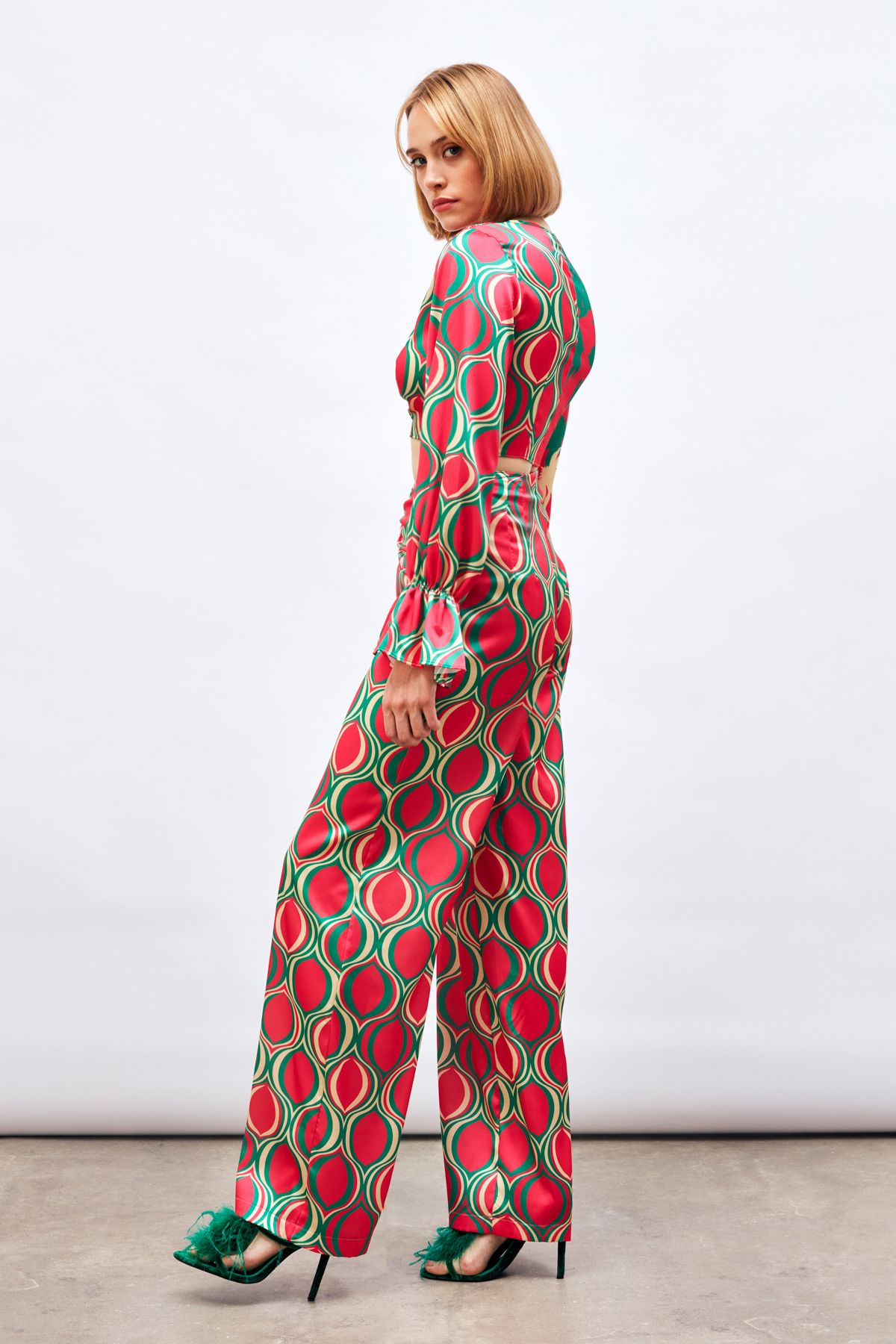 Sateen-Fuchsia Patterned Loose Trousers - Front Drawstring 2