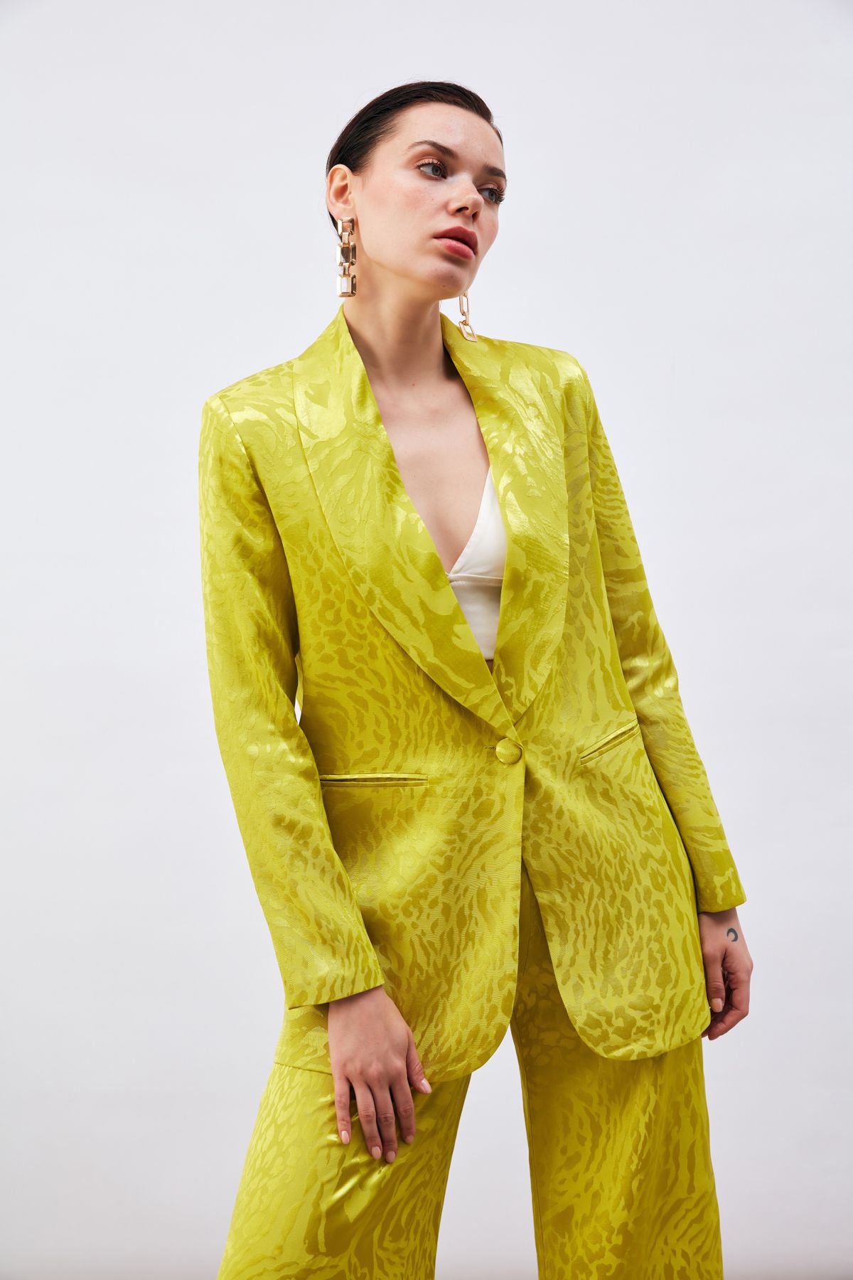 Sateen-Jachetă din satin cu model verde ulei 2