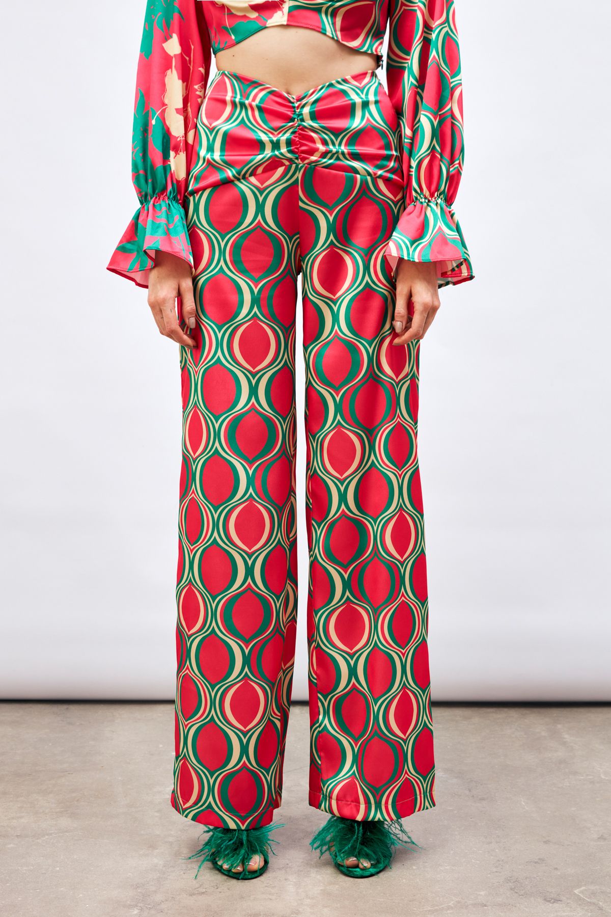 Sateen-Fuchsia Patterned Loose Trousers - Front Drawstring 6