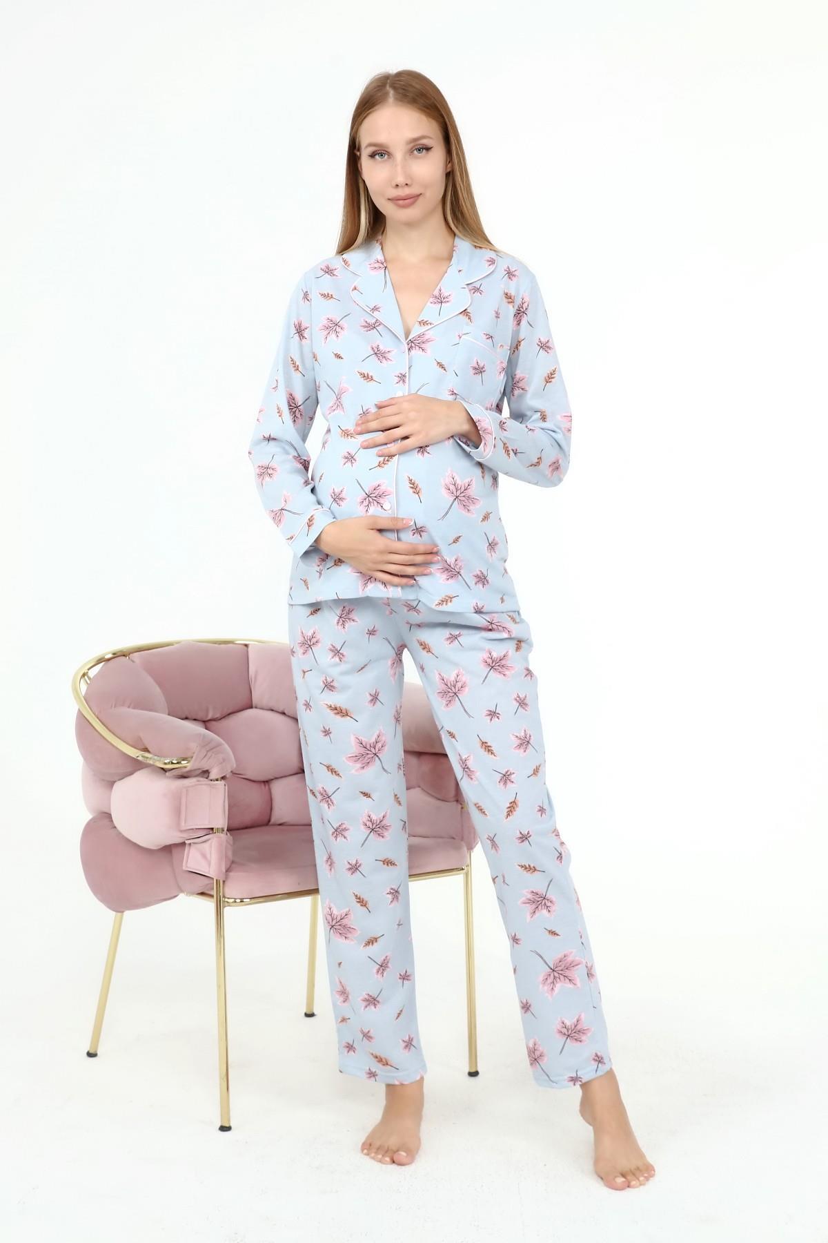 Genel Markalar Likapa Penye Önden Düğmeli Hamile Lohusa Uzun Kol Pijama Takımı fotoğrafı 2 (önizleme)