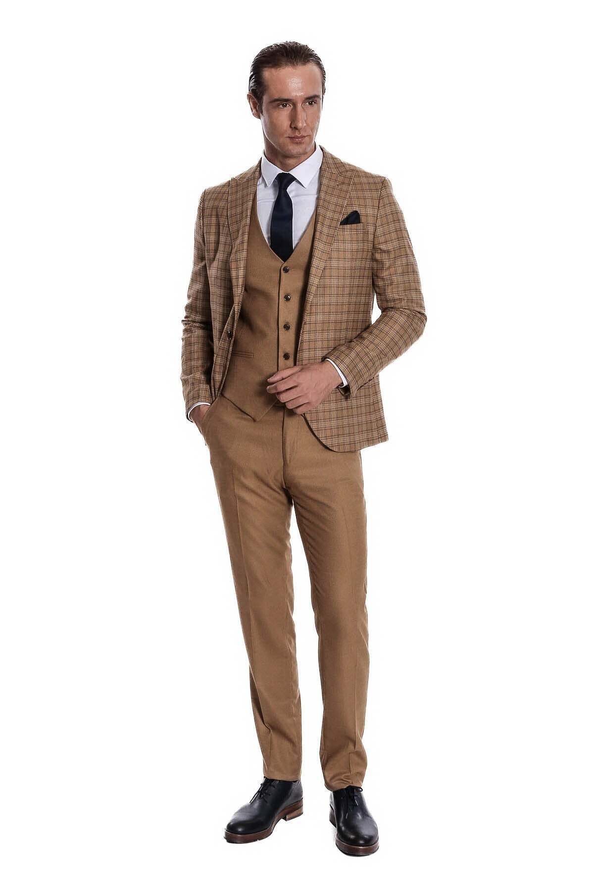 Ekose Ceketli Slim Fit Taba Erkek Takım Elbise - Wessi — قهوه‌ای TY-1436-515146 — تصویر 3 از 7