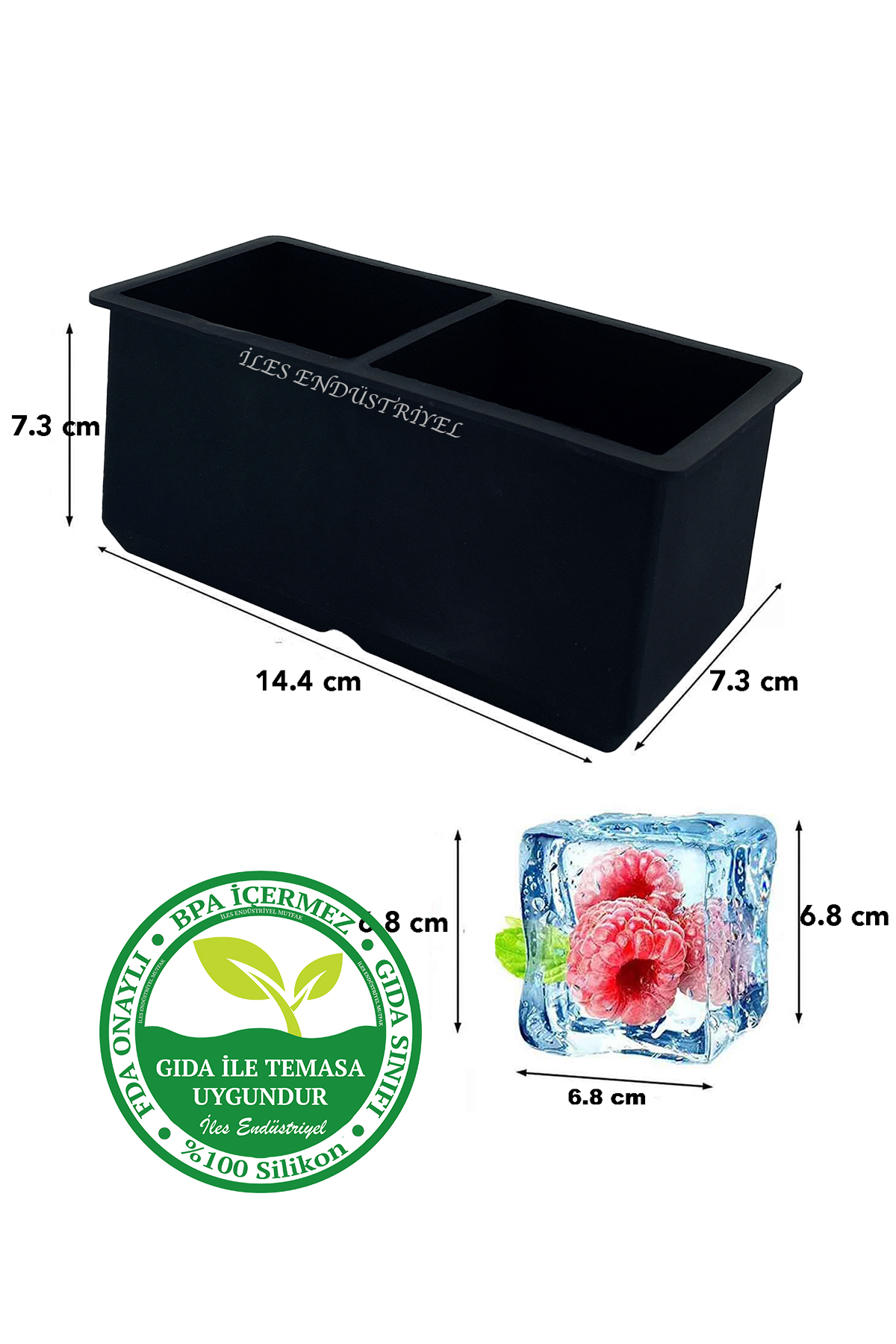 İles Gurme Silikon 2 Bölmeli Küp Buz Kalıbı, Battal Boy, Siyah, 6.8 Cm Buz