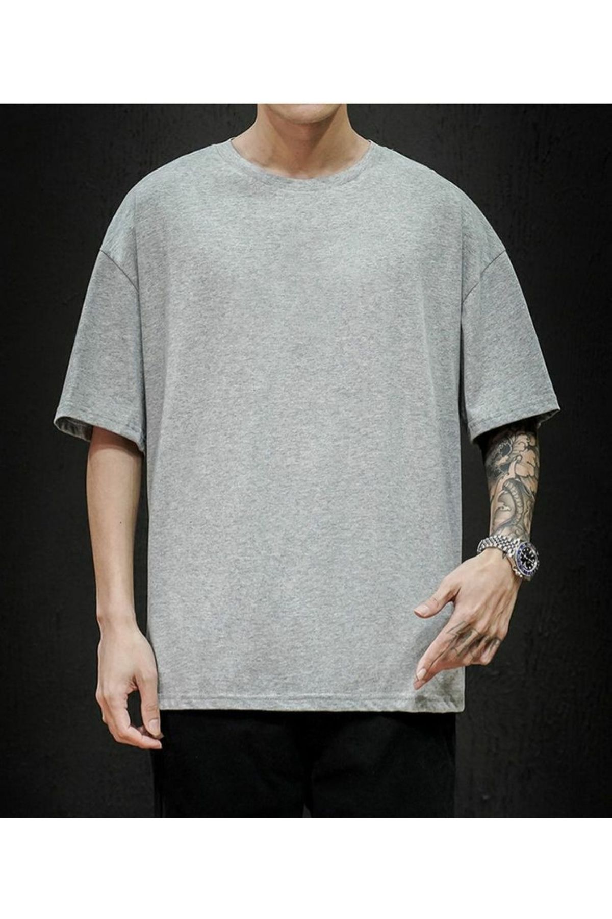 Erkek Gri Oversize Sıfır Yaka T-Shirt